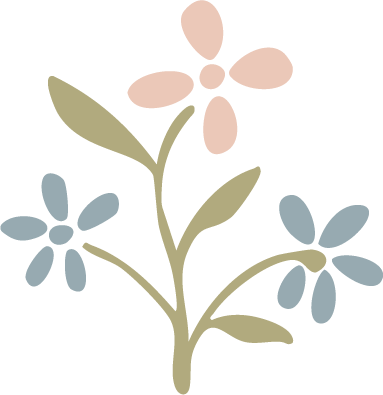 Digital illustration of a flowering plant with pink, blue, and green petals and leaves.