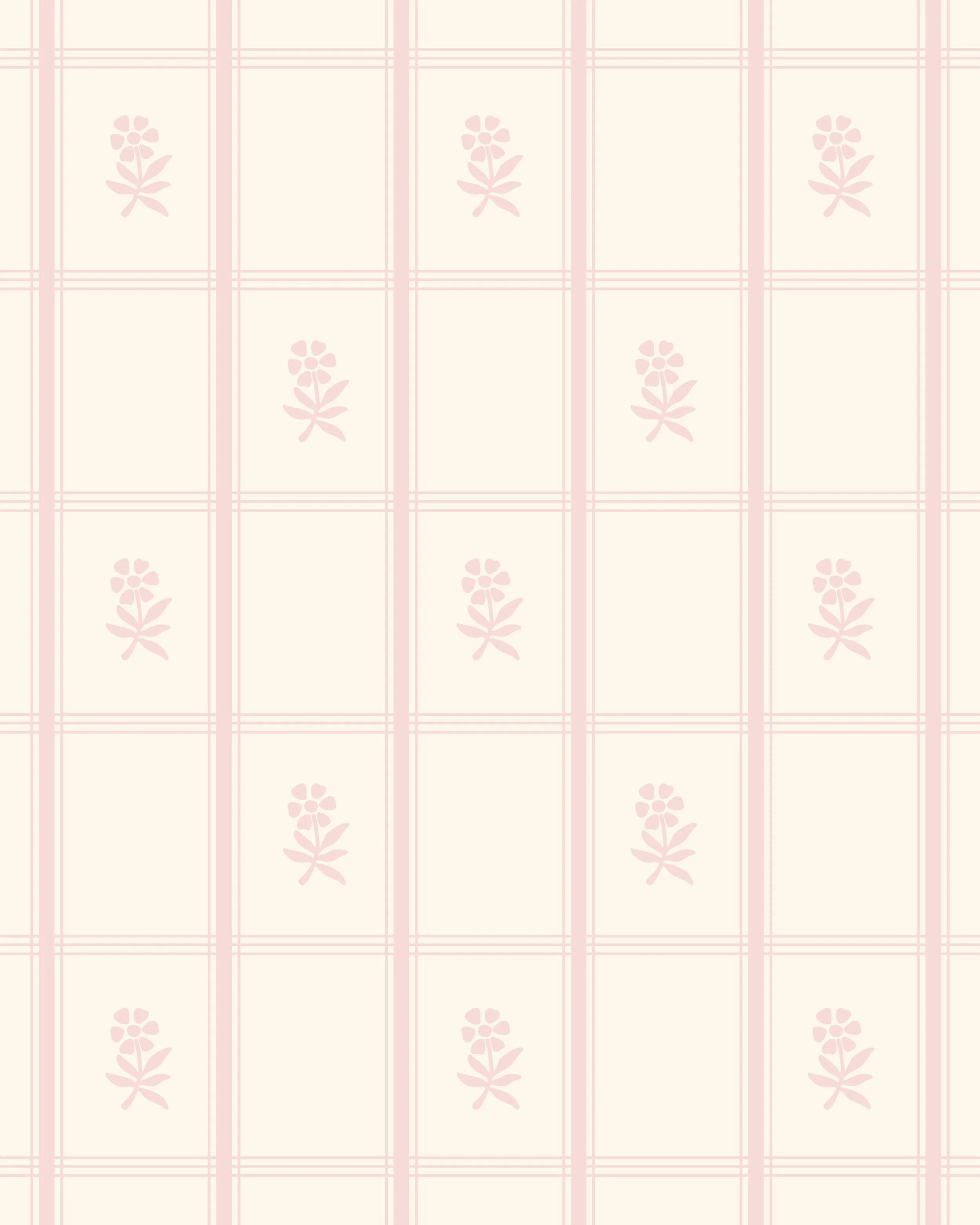 Pink and cream checked wallpaper pattern with small pink flower motifs in the center of some squares.