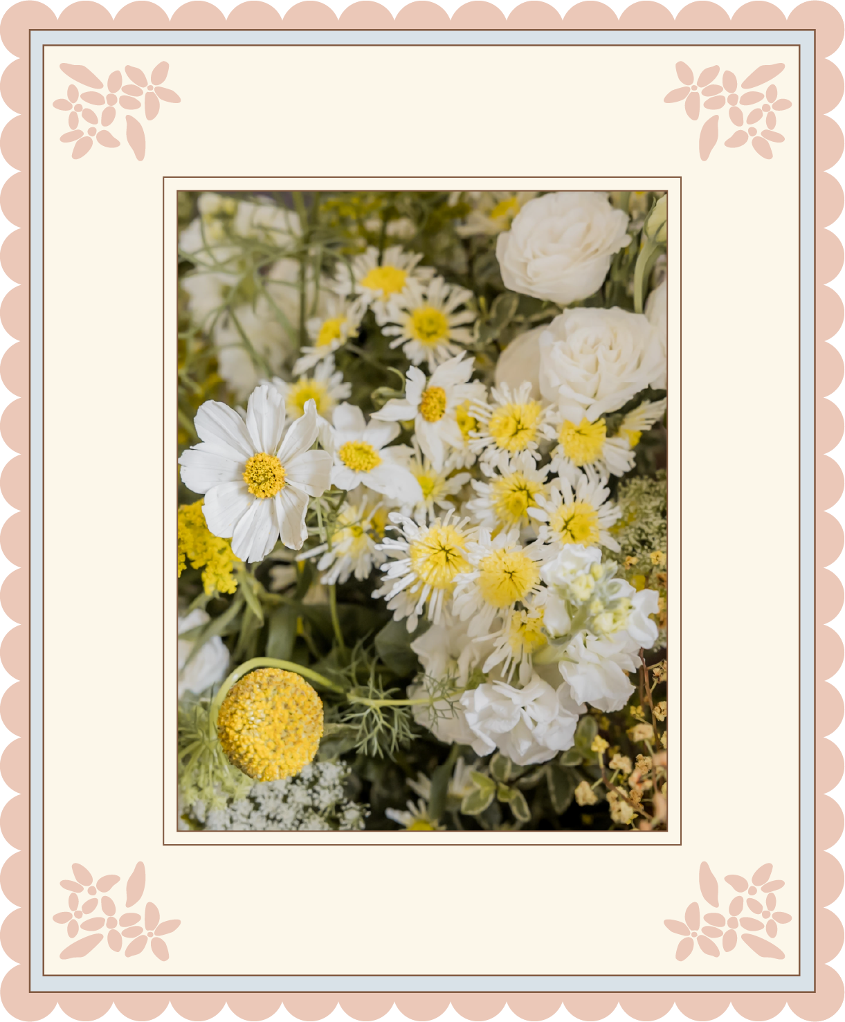 A floral arrangement with white roses, yellow and white daisies, and other small white and yellow flowers.
