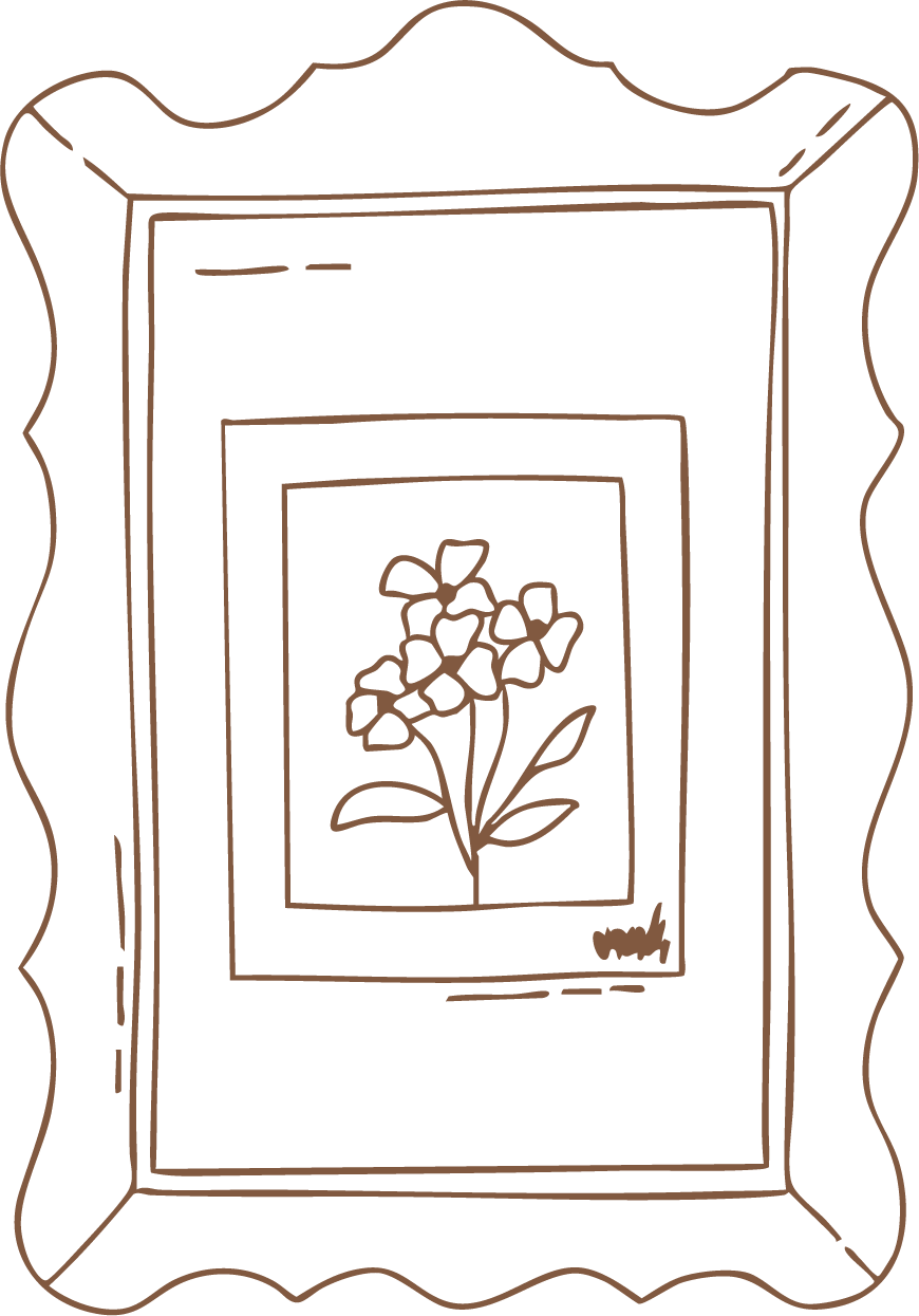 Sketch of a picture frame with a flower drawing inside, signed by the artist 'Violet'.
