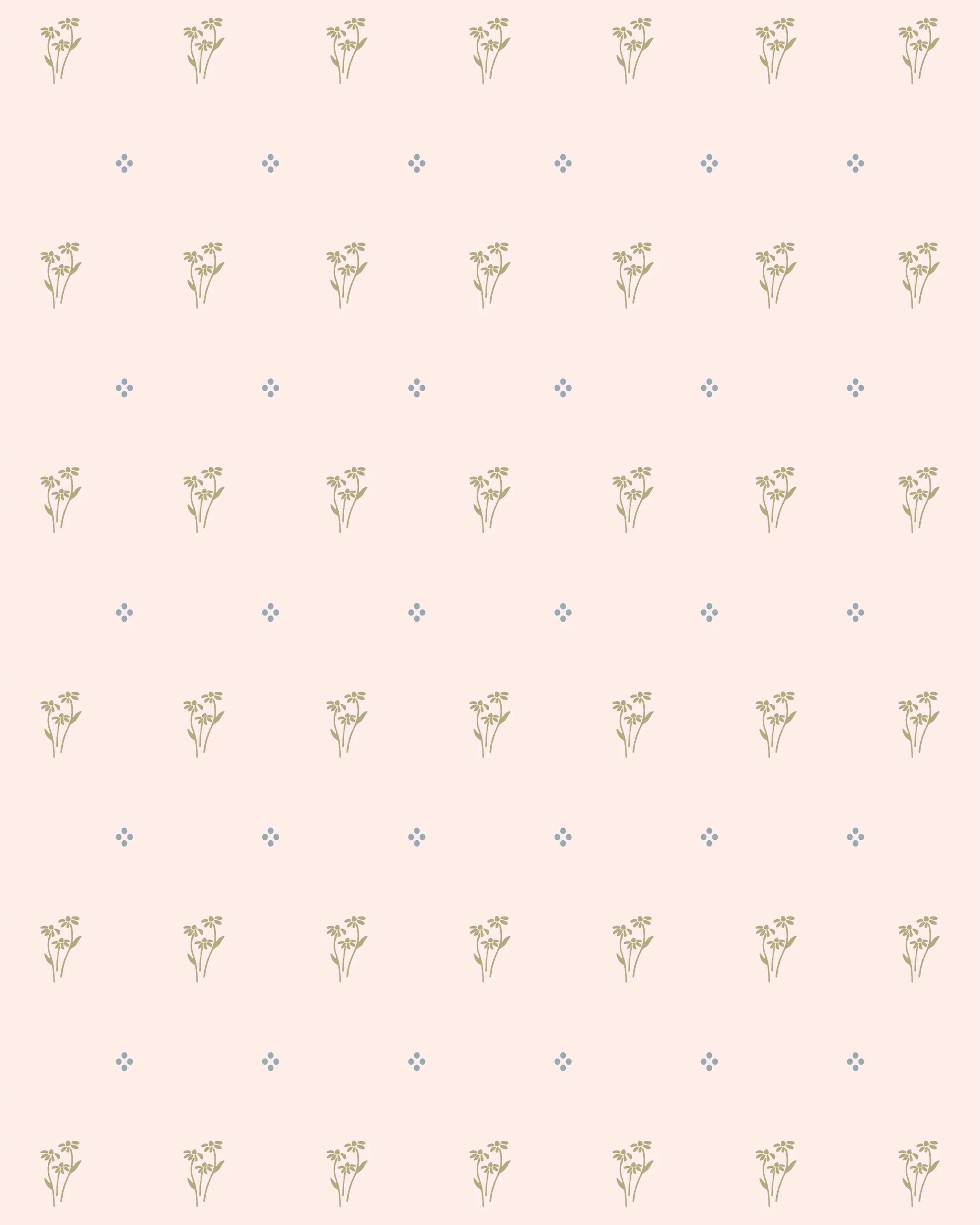 Light pink background pattern with beige floral sprigs and small blue four-petal flowers arranged in a repeating grid.
