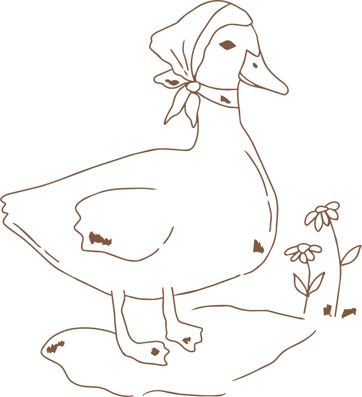 A digital line drawing of a baby duck wearing a scarf and a bonnet, standing on the ground next to a small plant with two flowers.