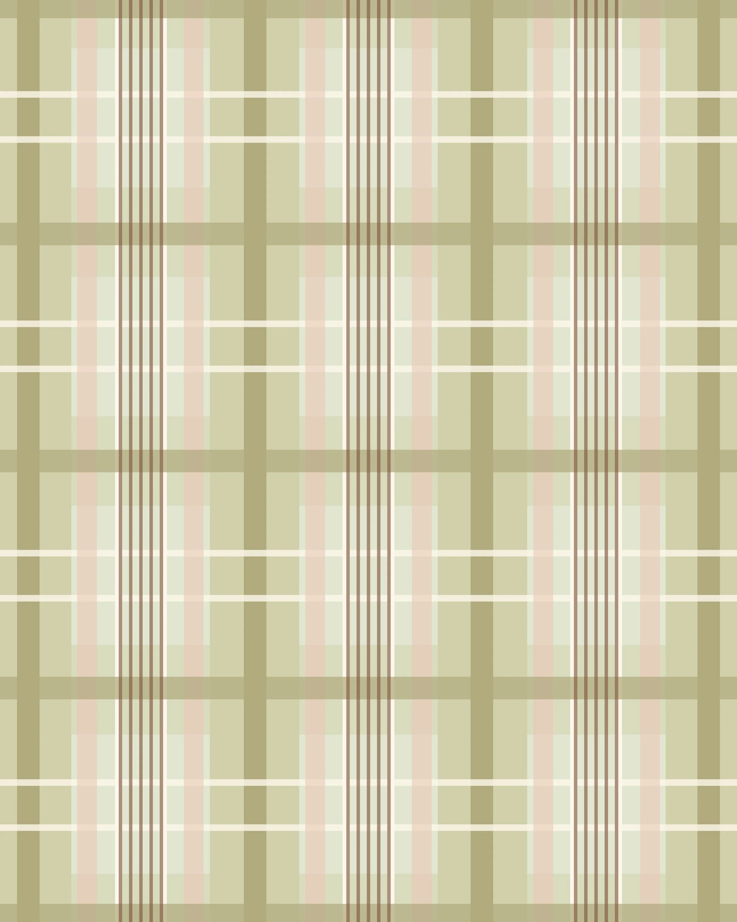 A close-up view of a beige and light brown plaid fabric pattern with intersecting lines and squares.