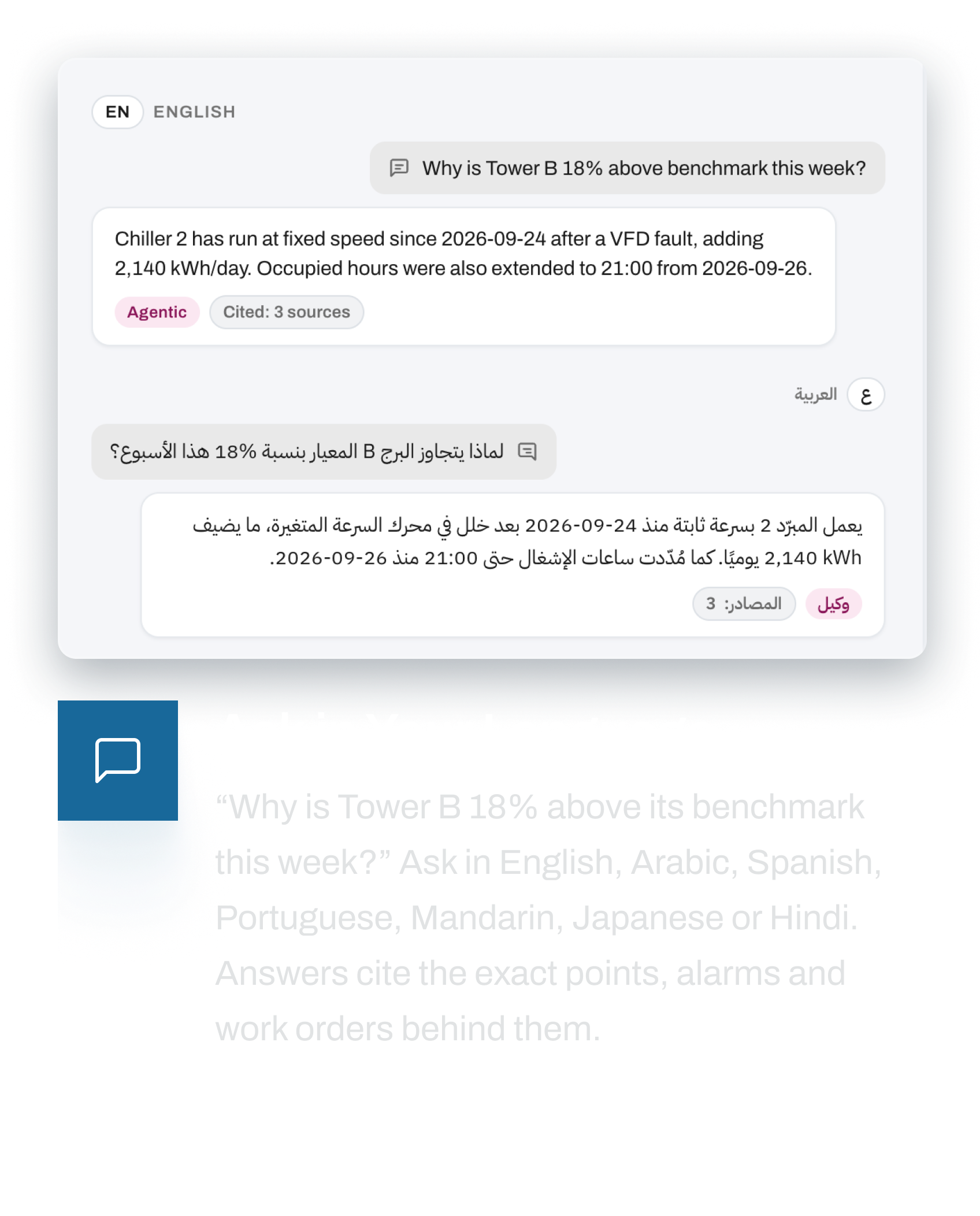 Multilingual AI building assistant answering facility operations questions with cited building data