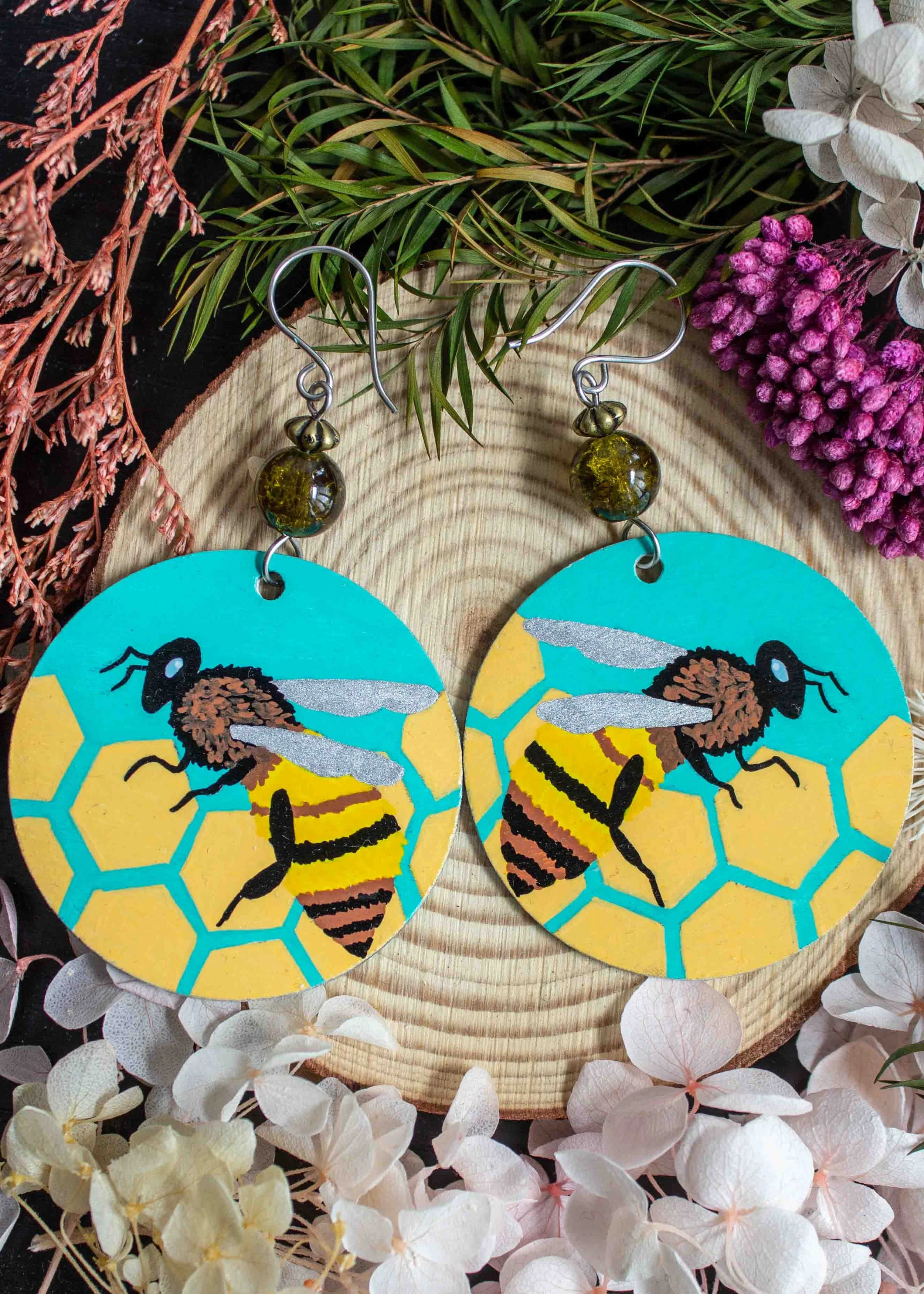 Hand-Painted-Bee-Earrings-Round-Wood-Dangles-1.jpg