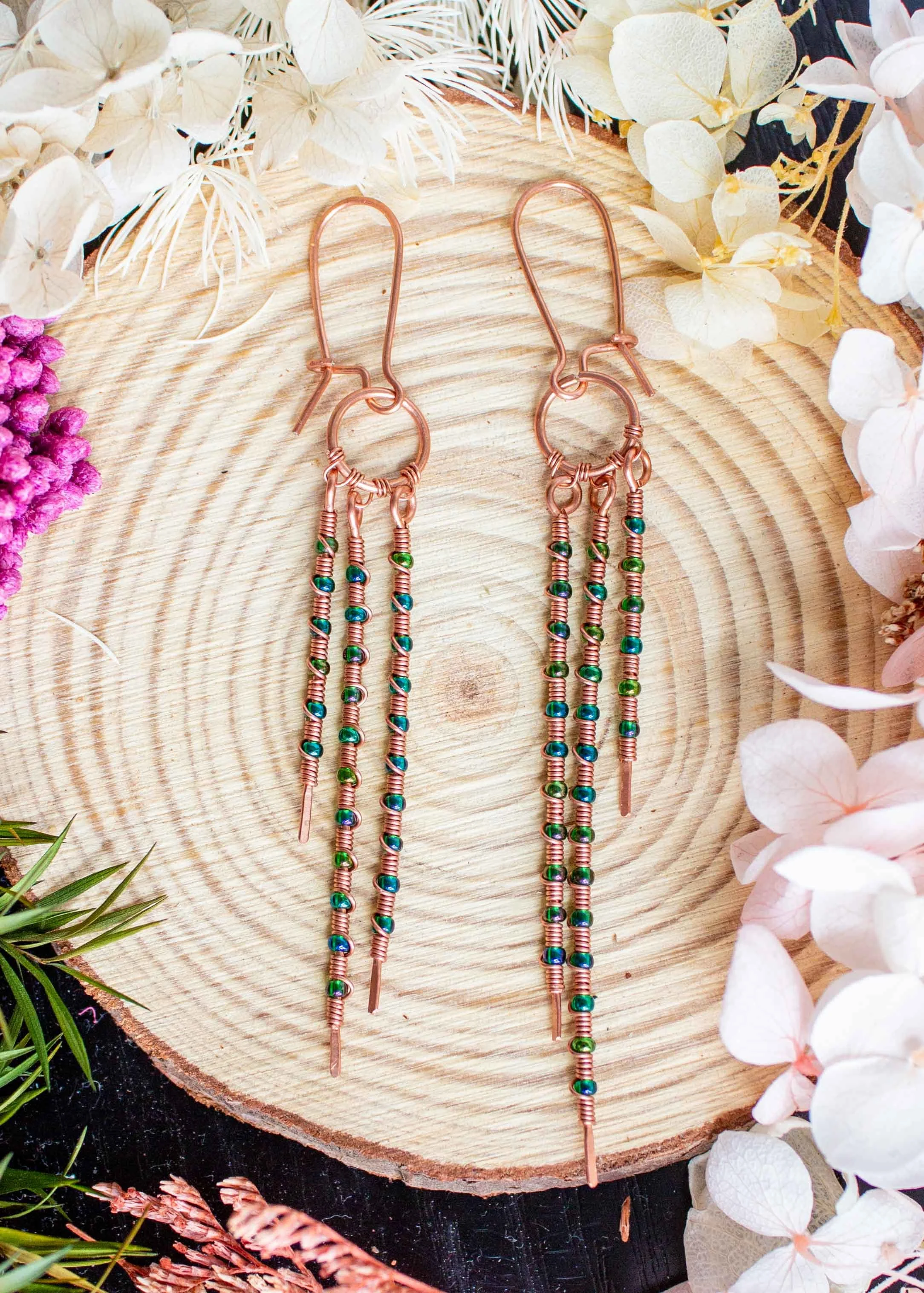 Upcycled Copper Earrings with Green Seed Beads