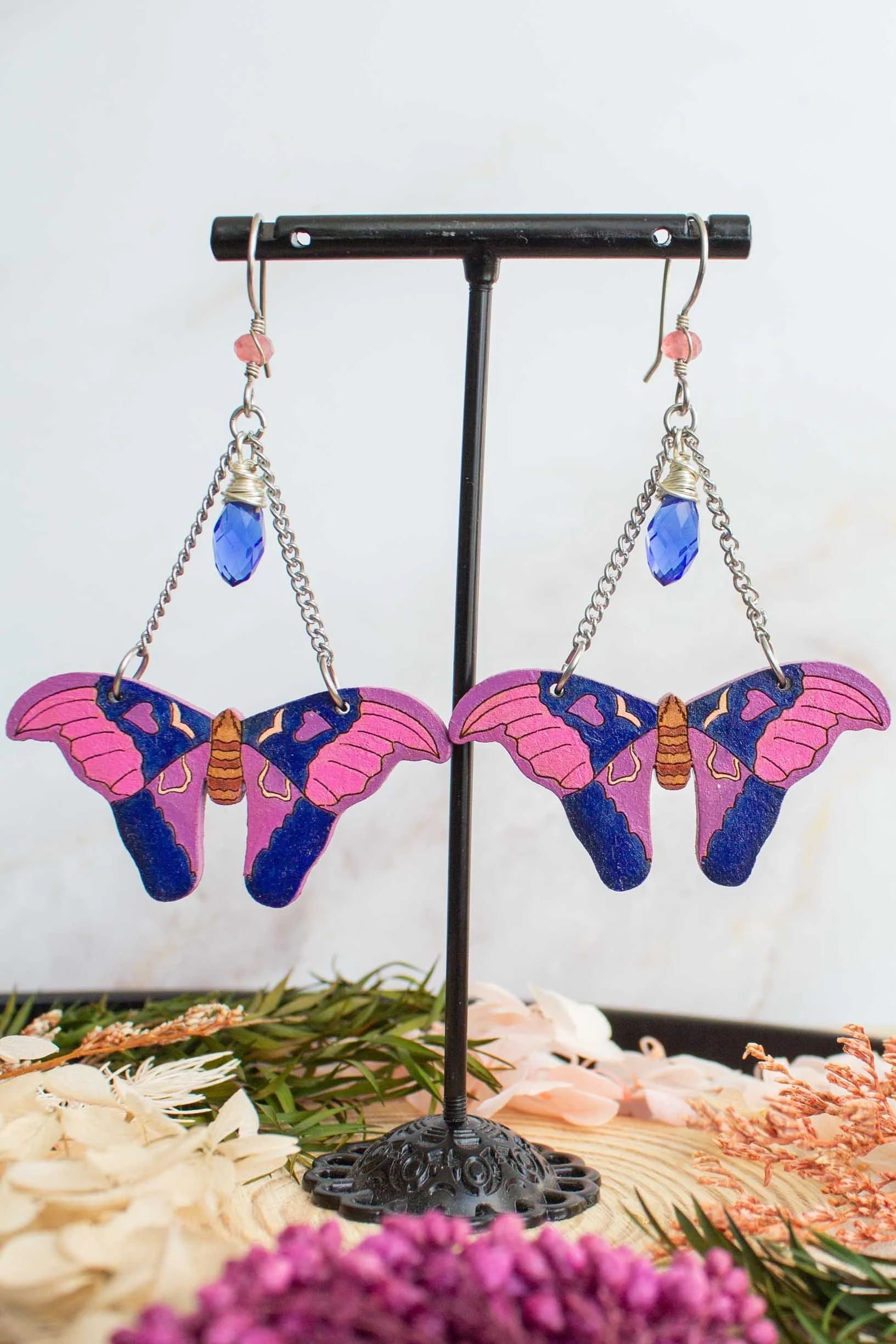Pink and Blue Hand Painted Moth Earrings