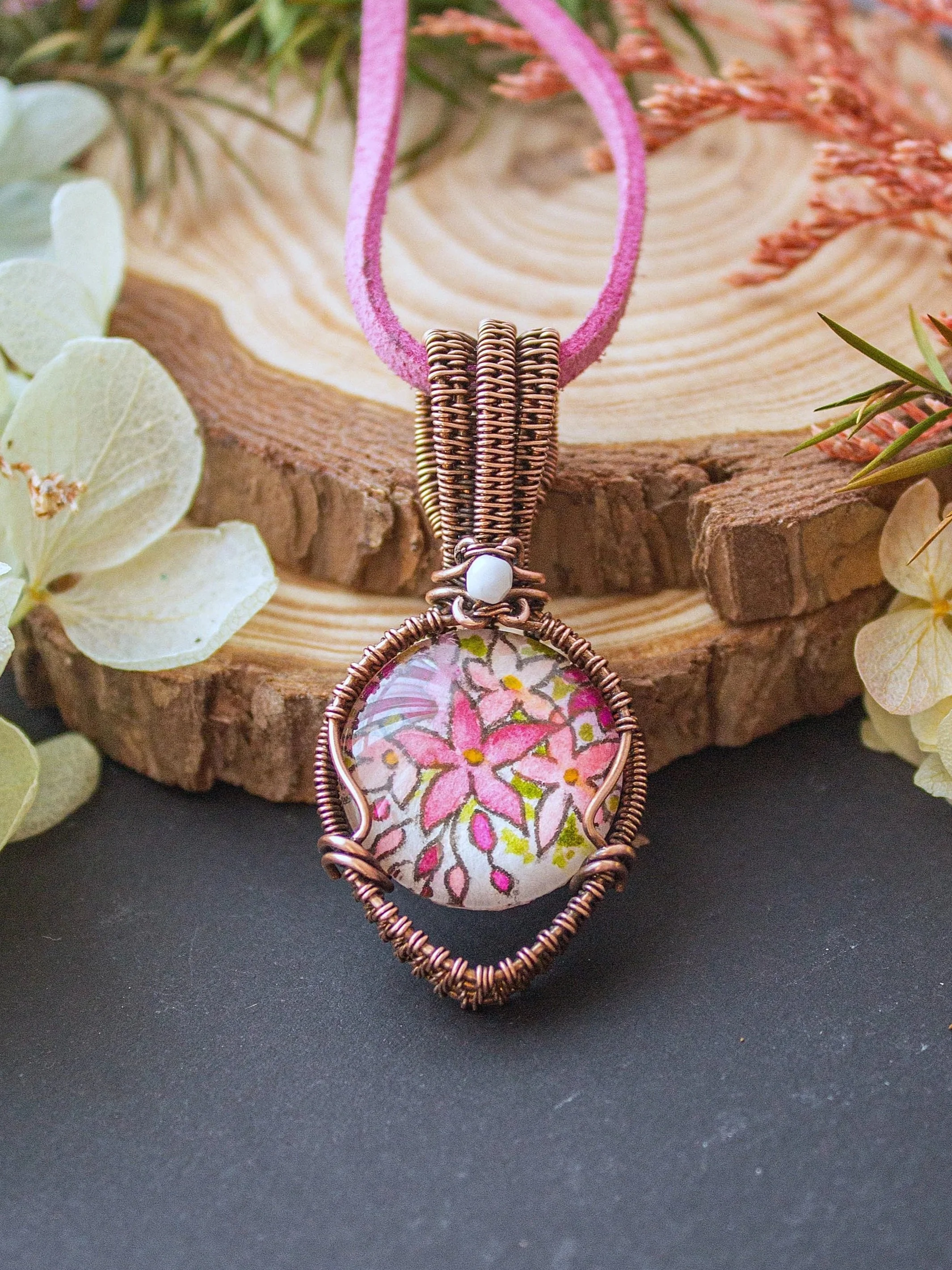 Illustrated Flowers Glass Pendant
