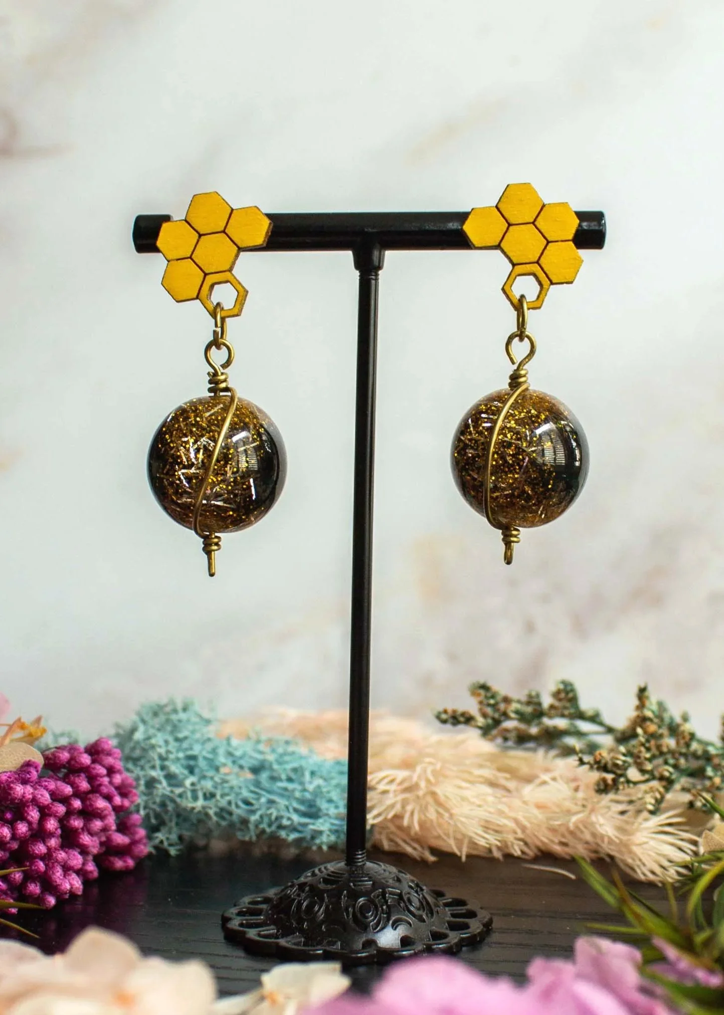 Honeycomb Studs with Black Dangles