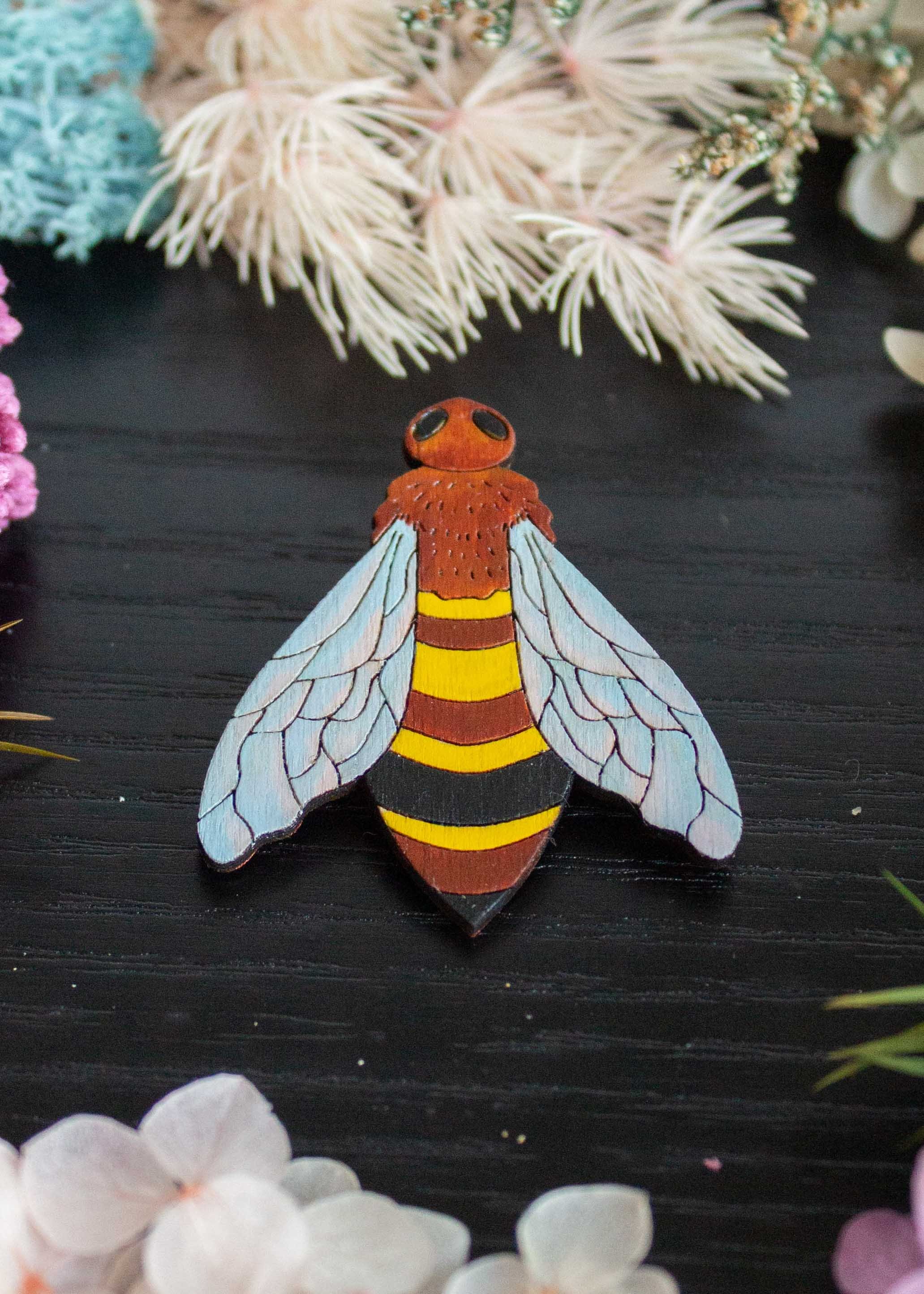 Hand Painted Laser Cut Bee Pins