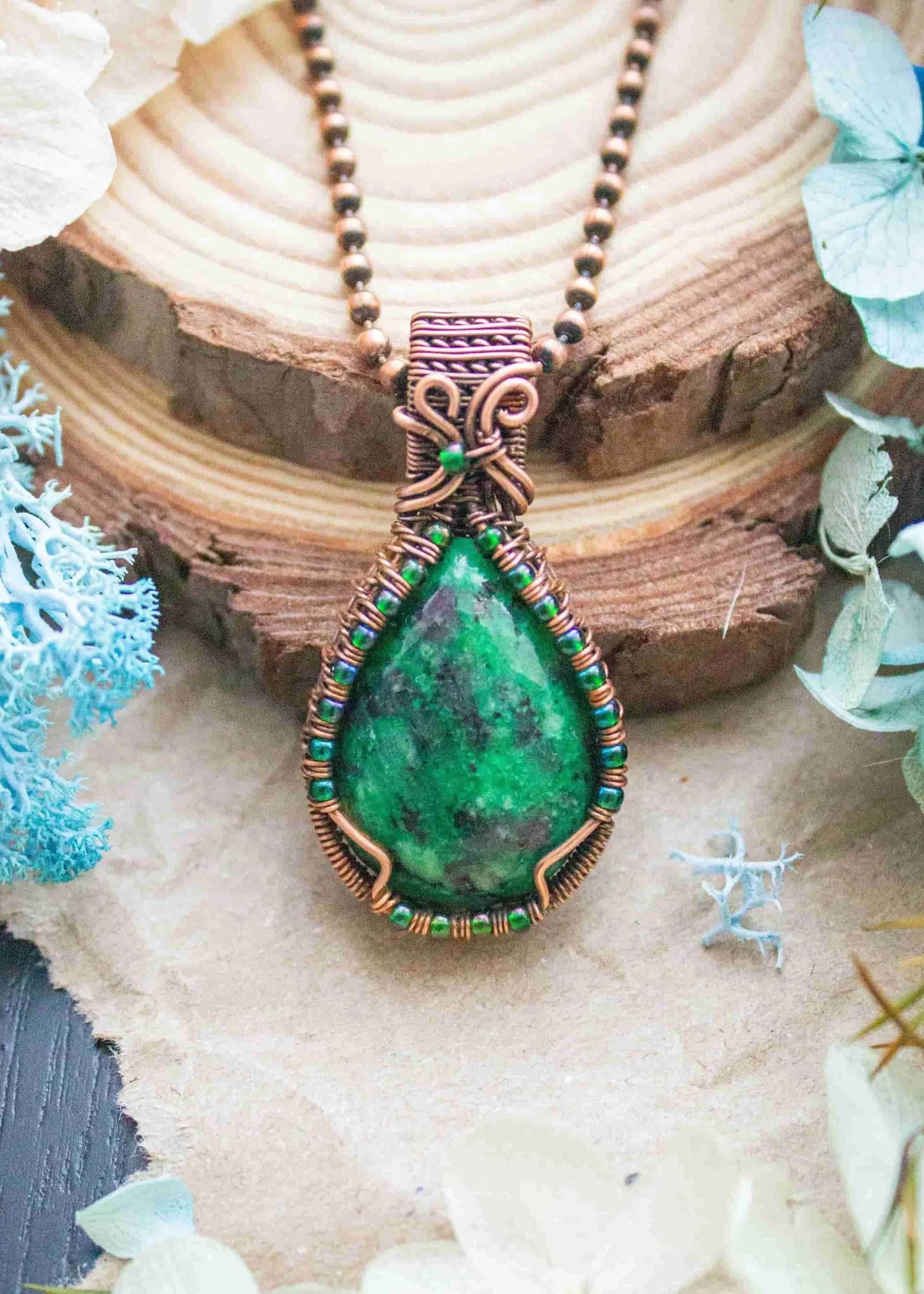 Zoisite Pendant with Green Seed Beads