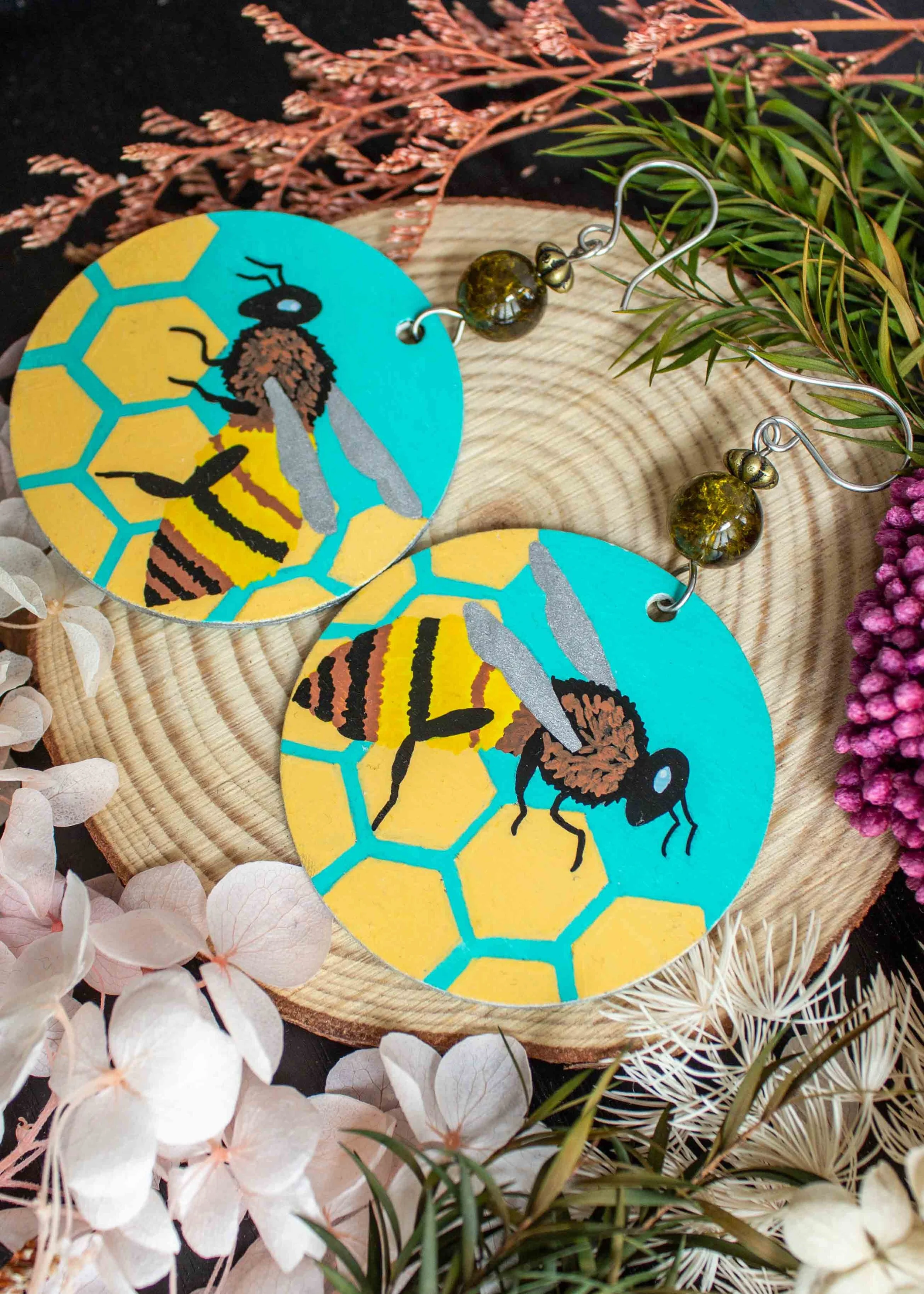 Hand-Painted-Bee-Earrings-Round-Wood-Dangles-3.jpg