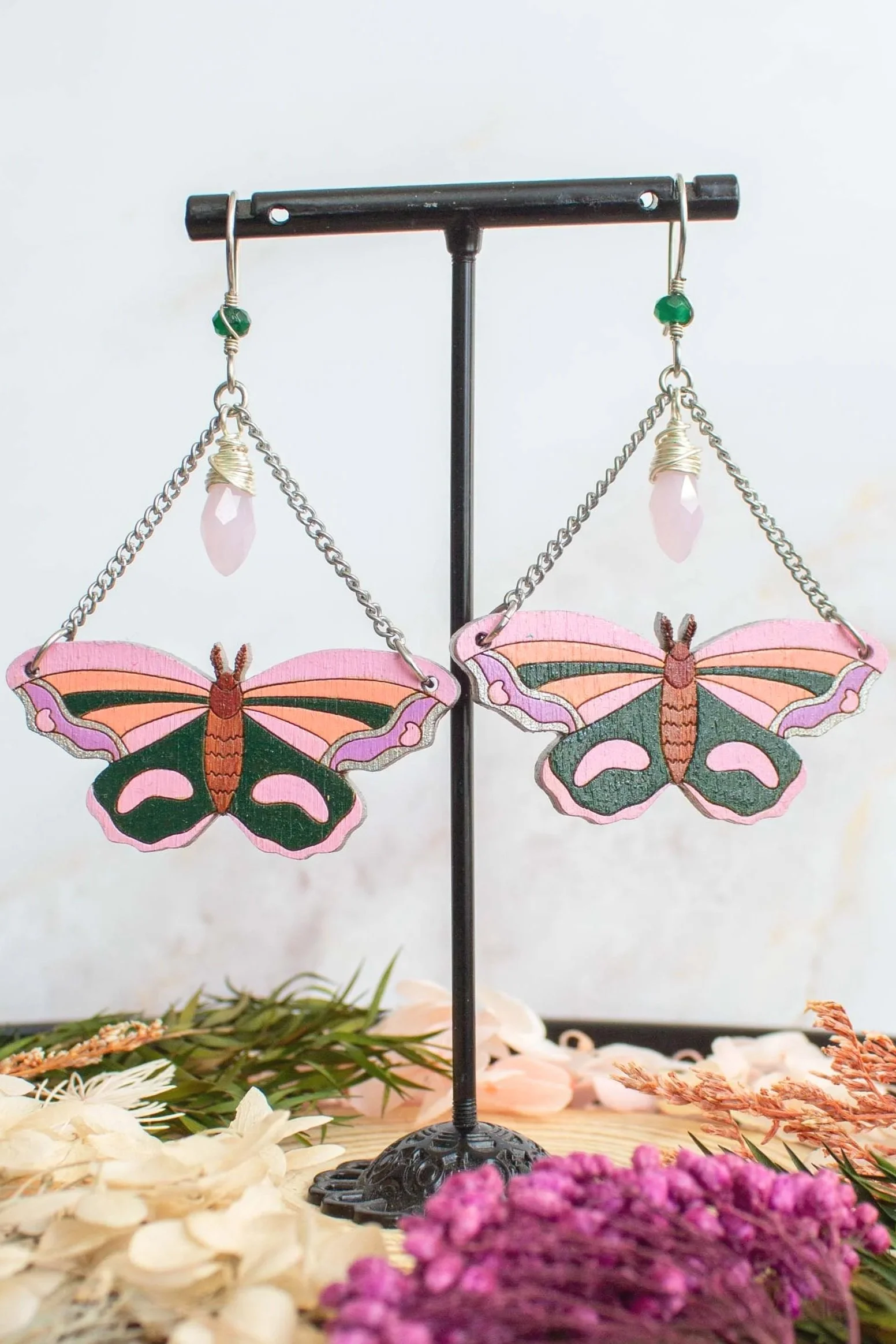 Pink and Green Hand Painted Butterfly Earrings