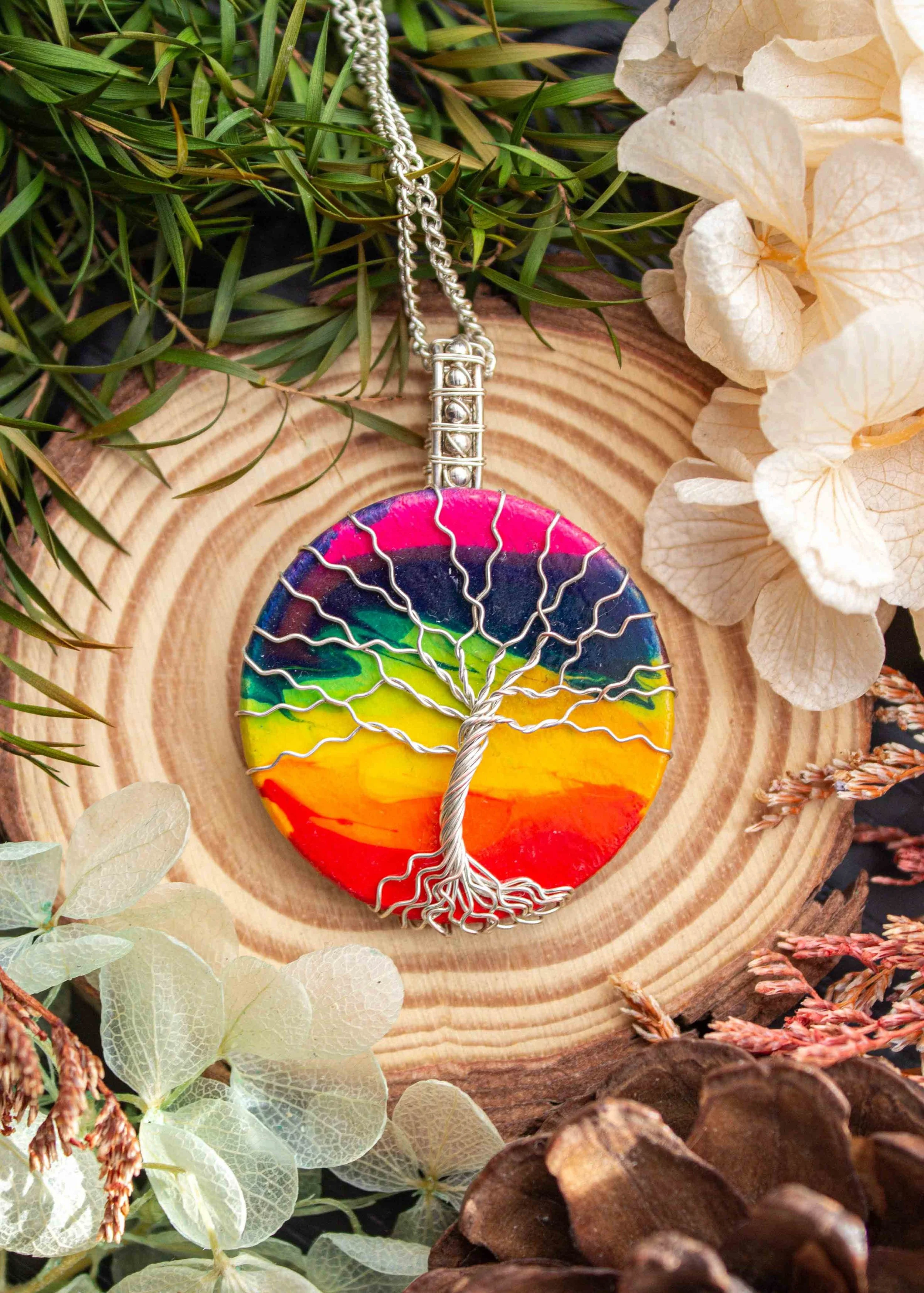 Tree Hugger Pendant with Rainbow Acrylic Pour