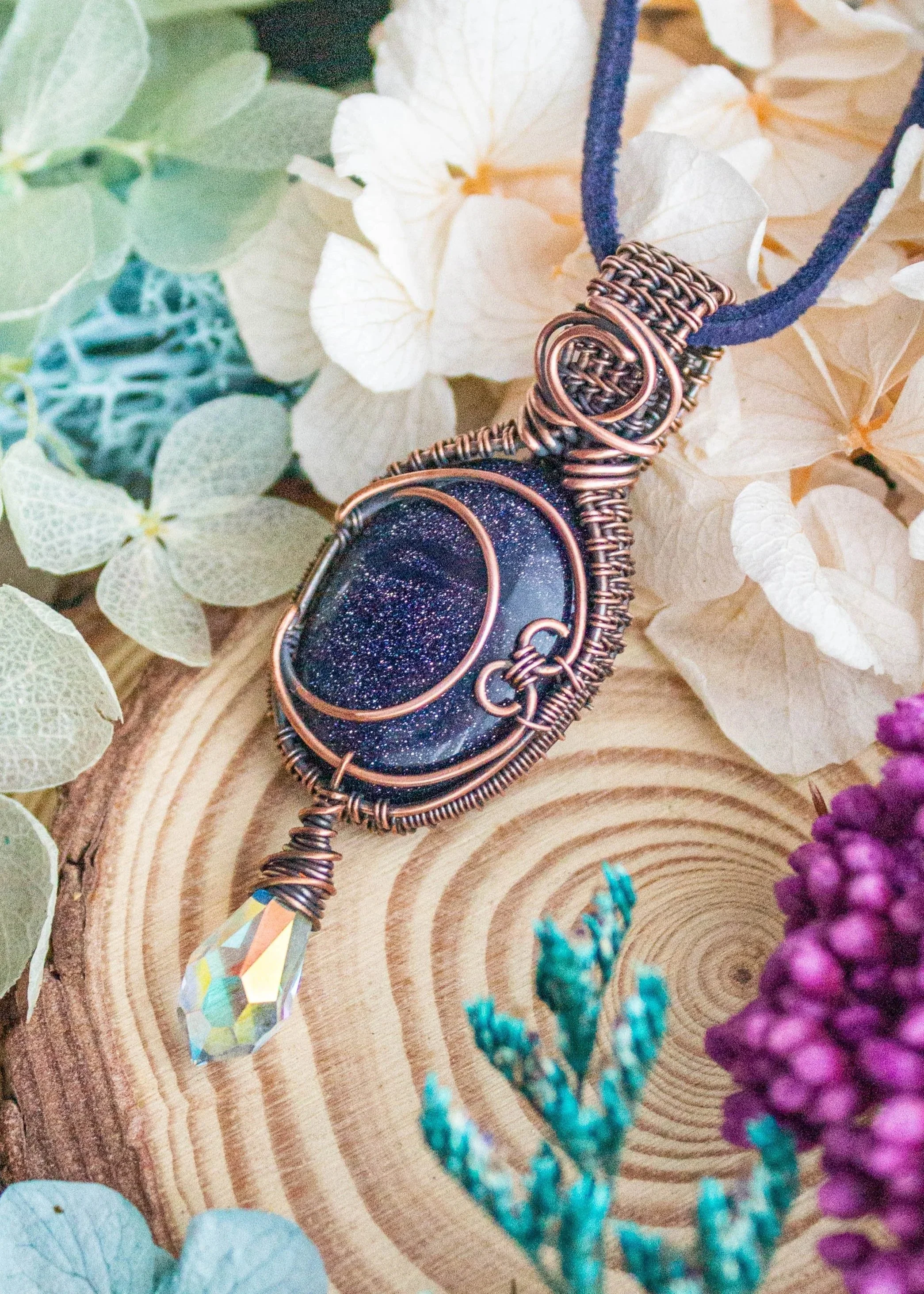 Crescent Moon Navy Goldstone Pendant