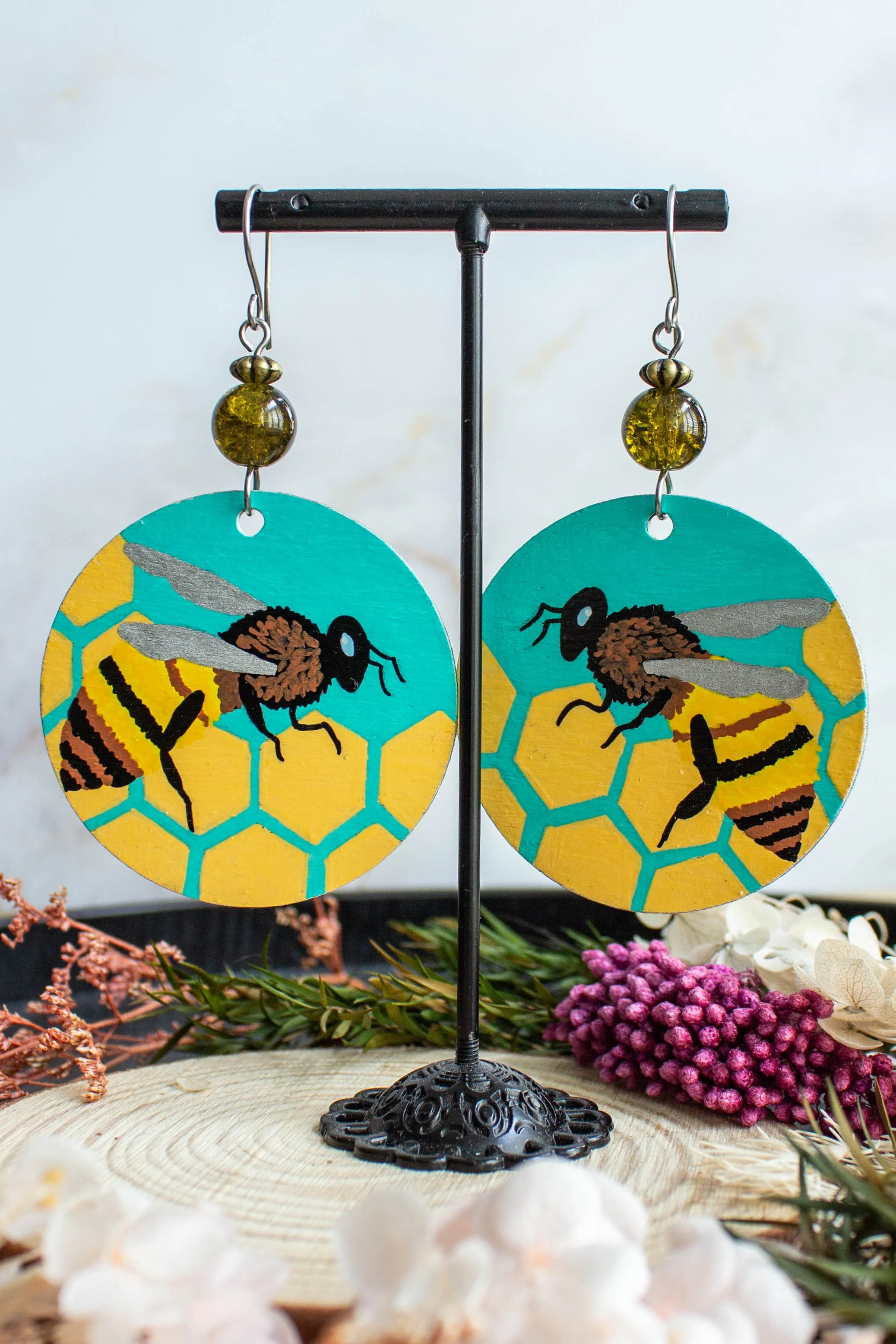 Hand-Painted-Bee-Earrings-Round-Wood-Dangles-7380.jpg