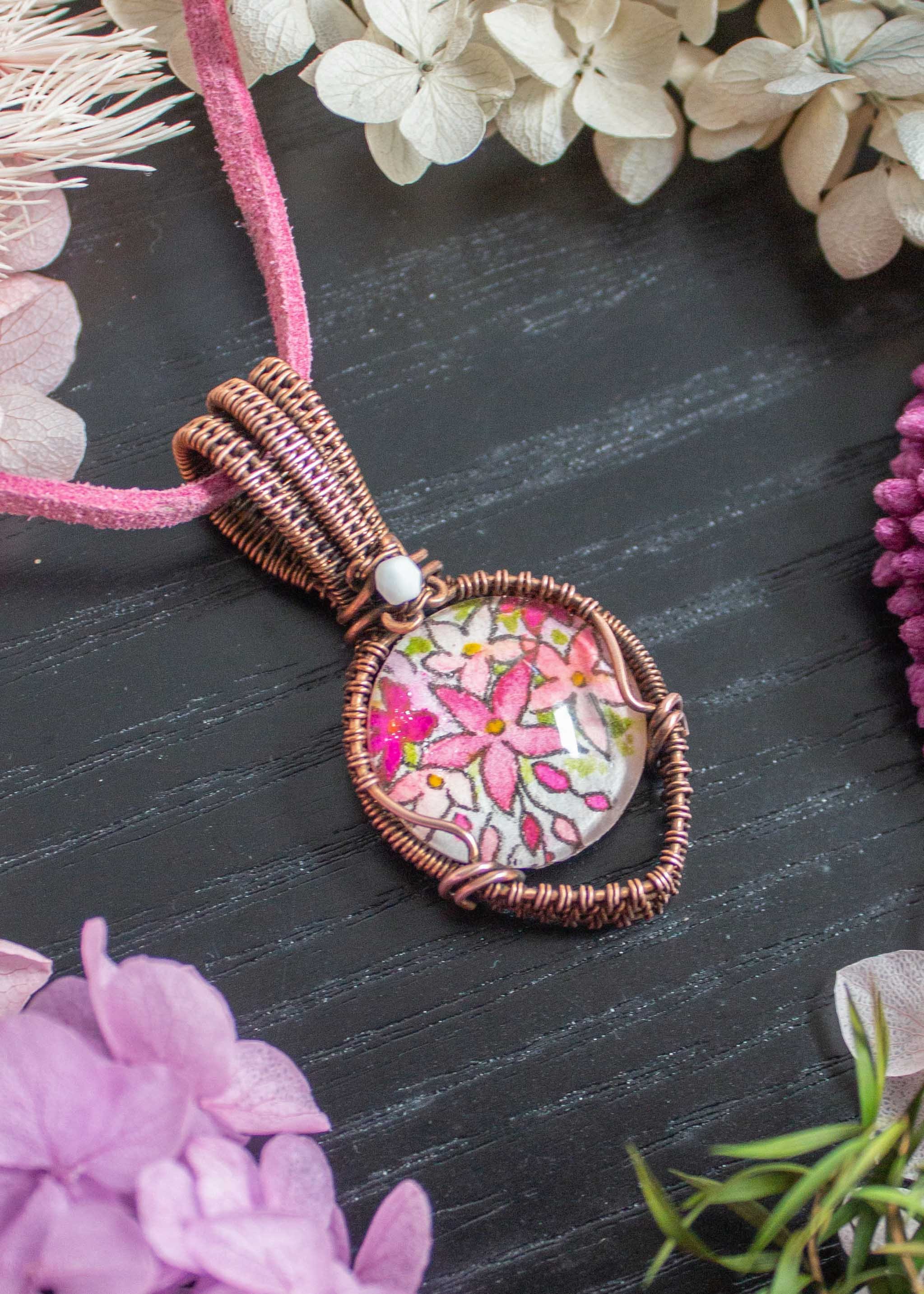 hand-painted-pink-flowers-pendant-wire-wrapped-oxidized-copper-1.jpg