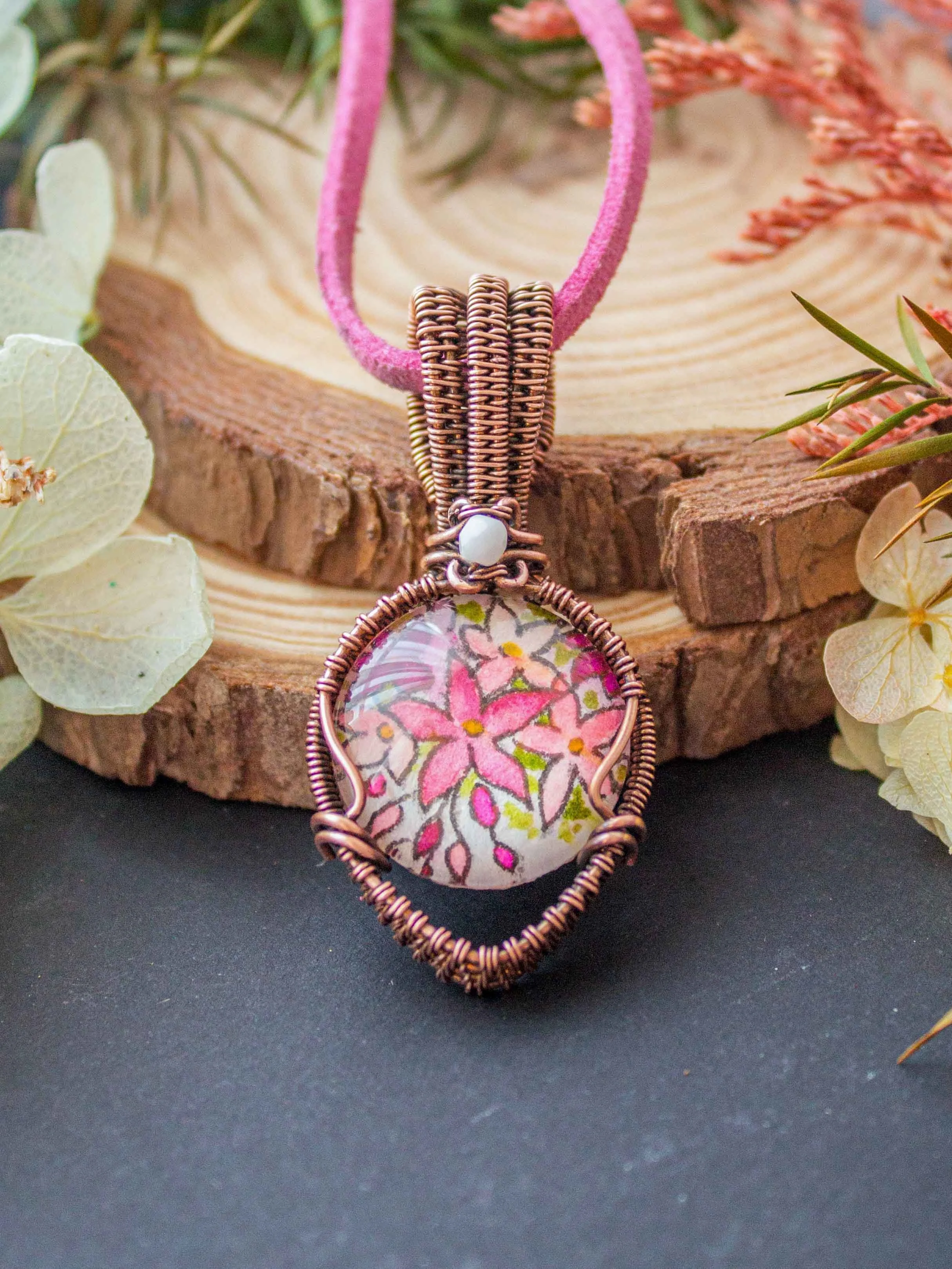 Illustrated Flowers Glass Pendant