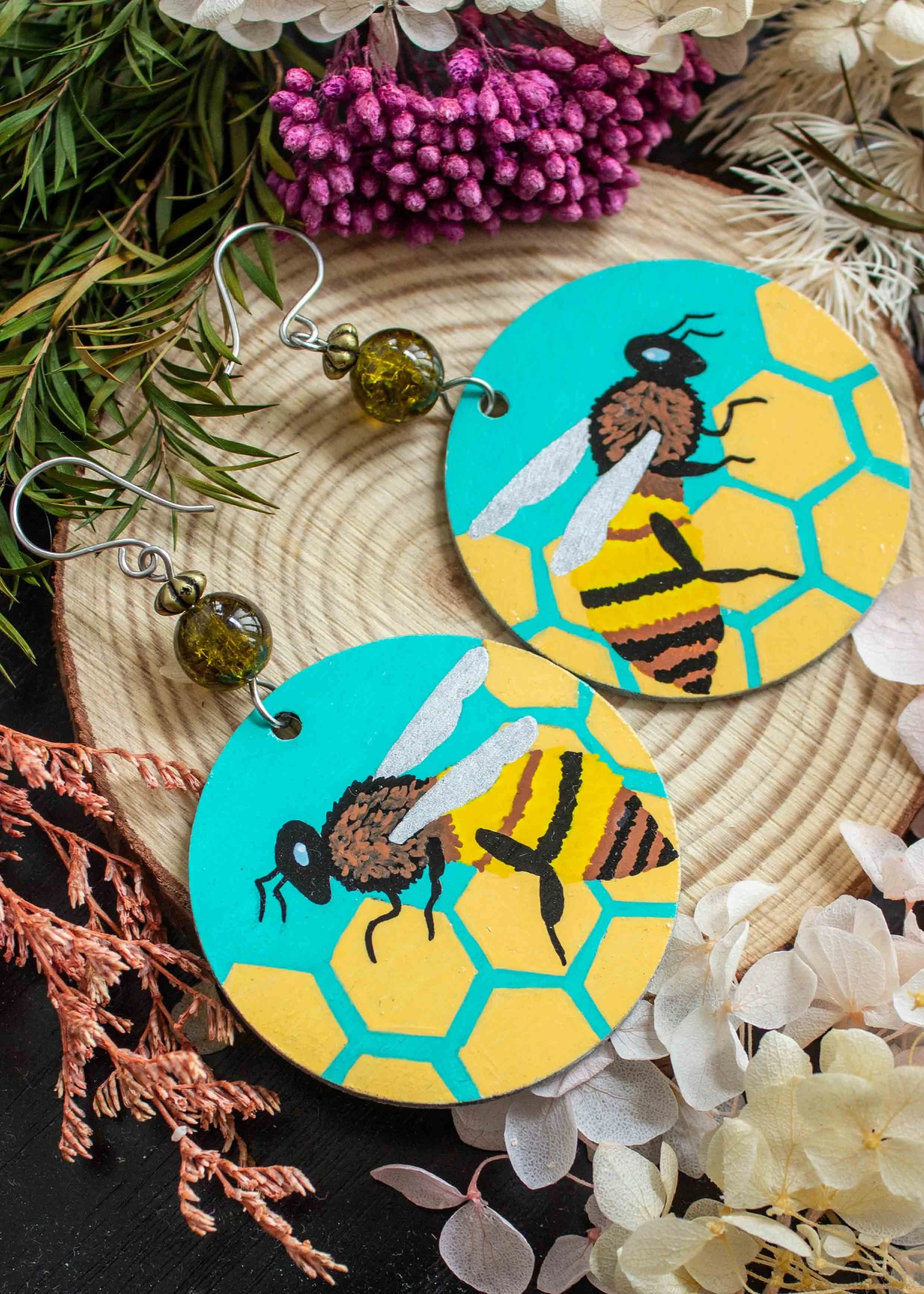 Hand-Painted-Bee-Earrings-Round-Wood-Dangles-2.jpg