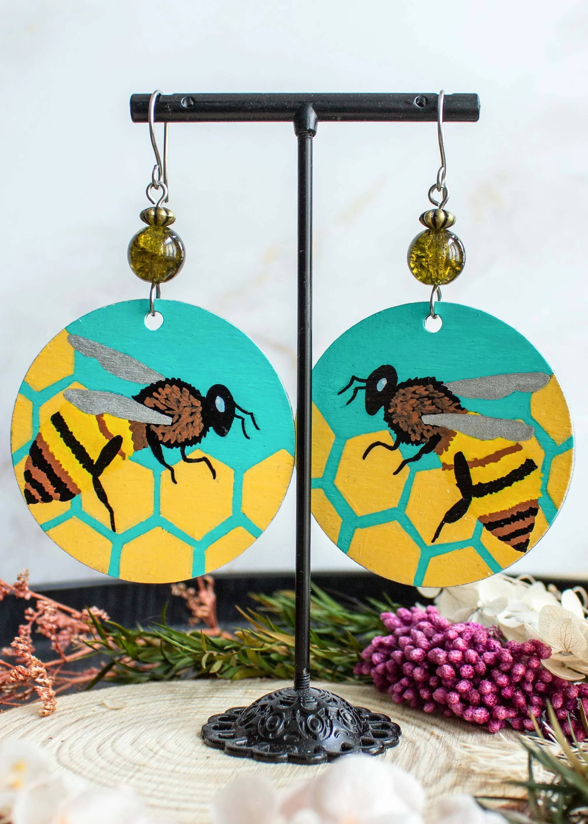 Hand-Painted-Bee-Earrings-Round-Wood-Dangles-4.jpg