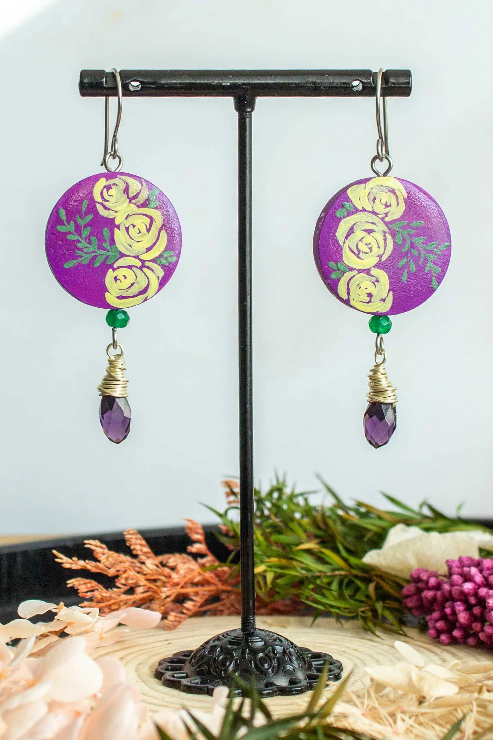hand-painted-yellow-roses-earrings-purple-dangles-3.jpg