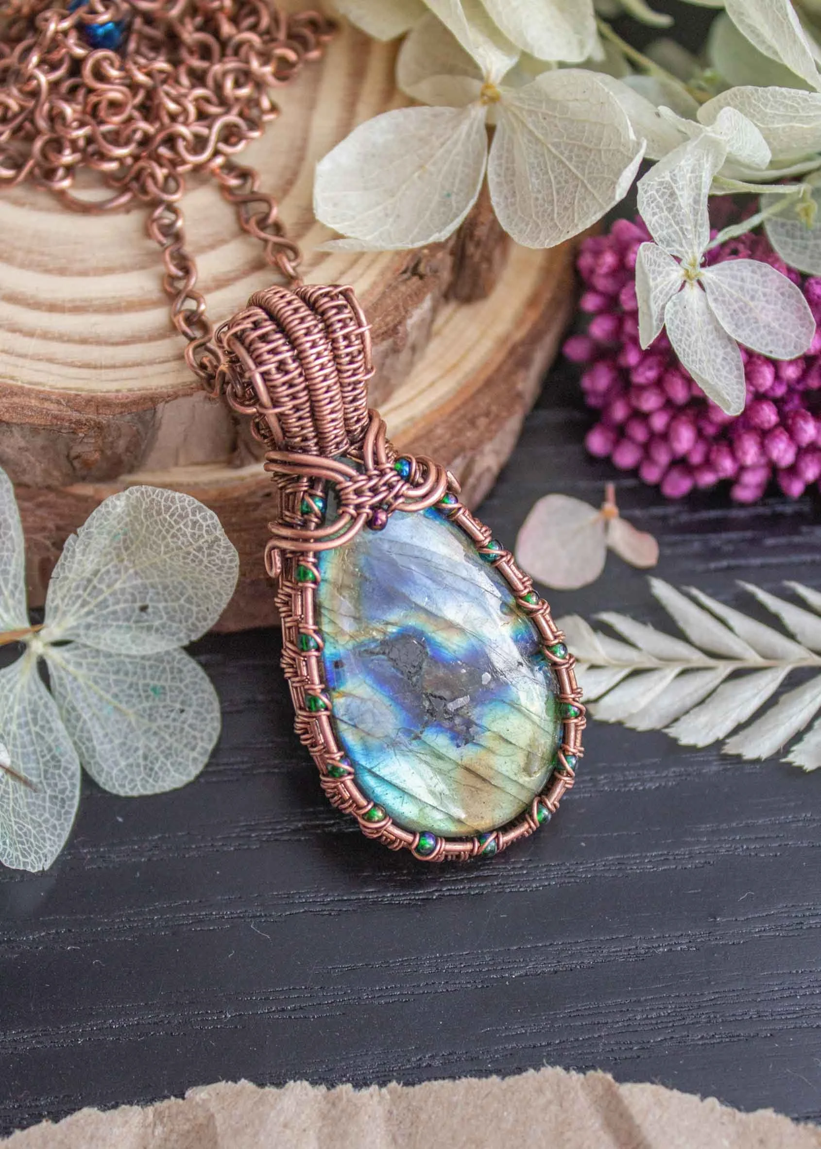 Wire Wrapped Labradorite Pendant with Seed Beads