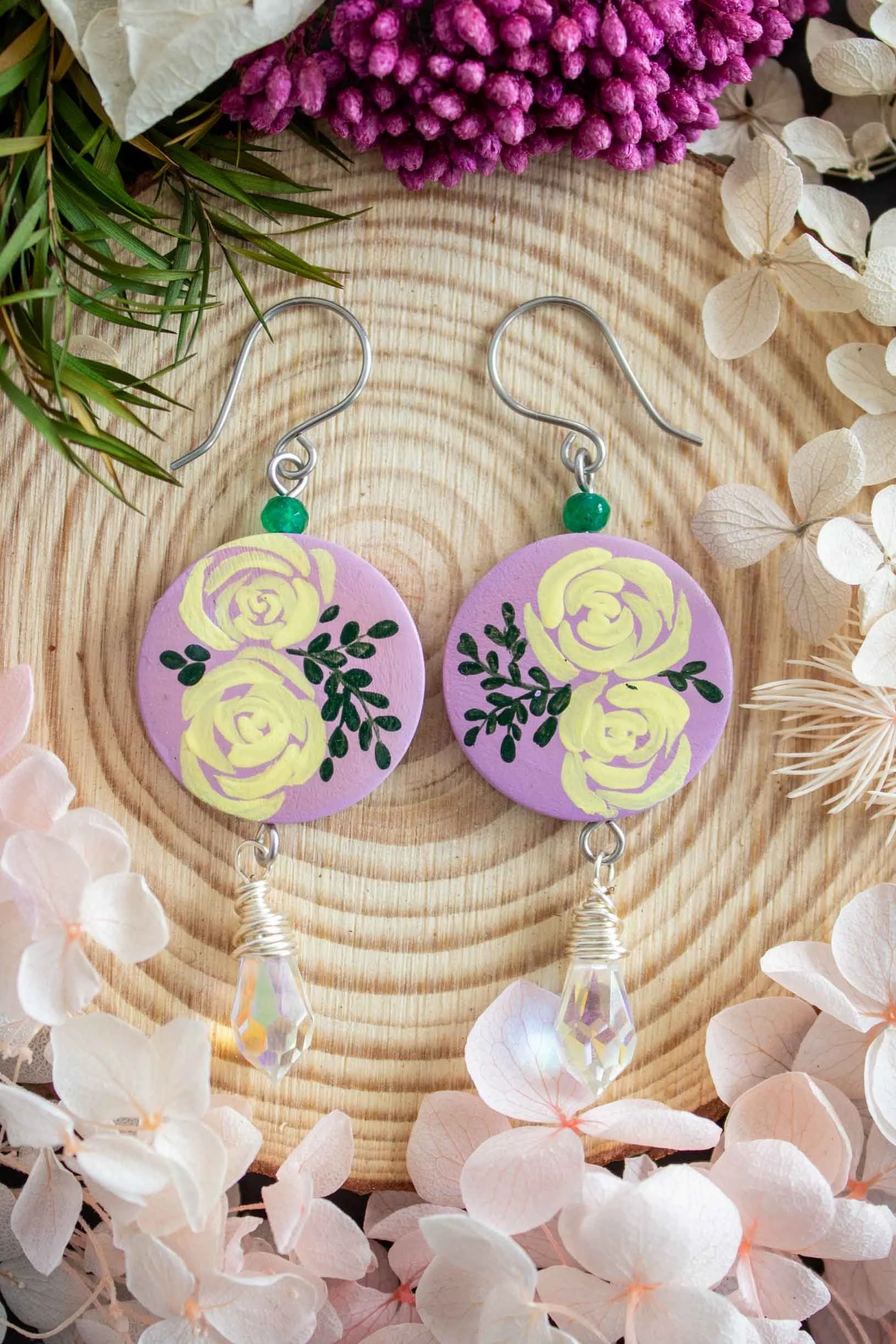 hand-painted-yellow-roses-earrings-lilac-dangles-1.jpg