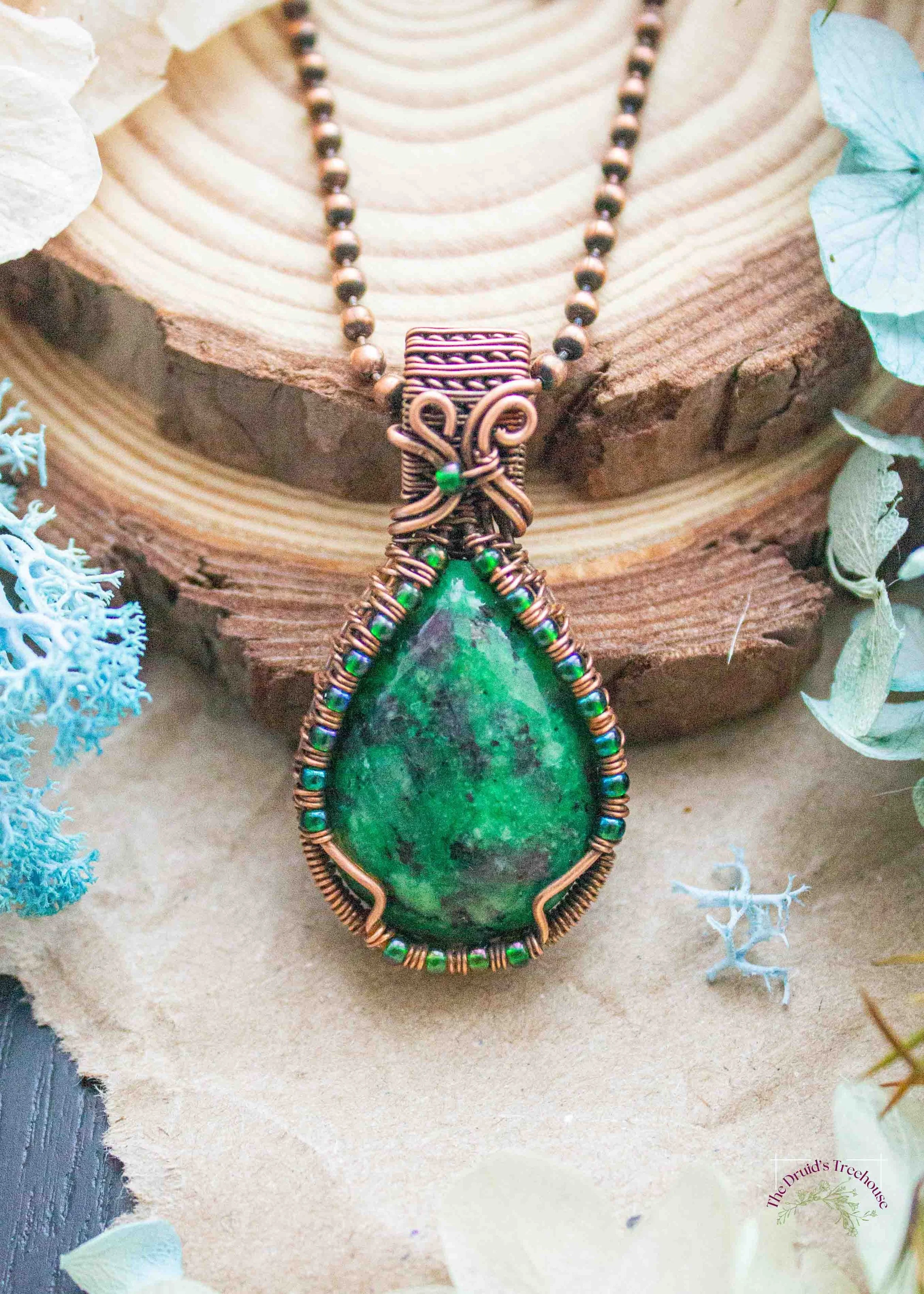 Zoisite Pendant with Green Seed Beads