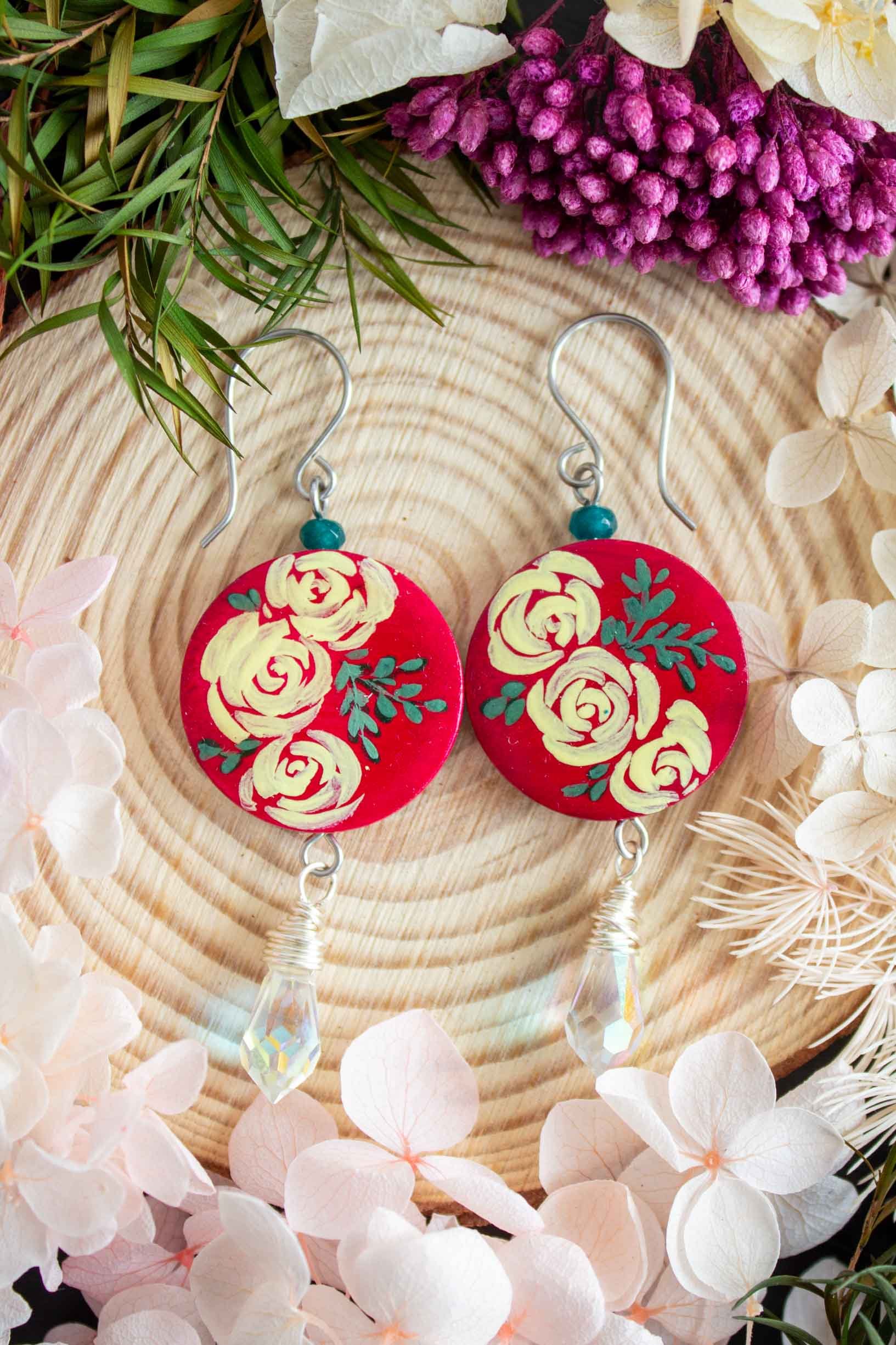 Hand Painted Red Earrings with Yellow Roses
