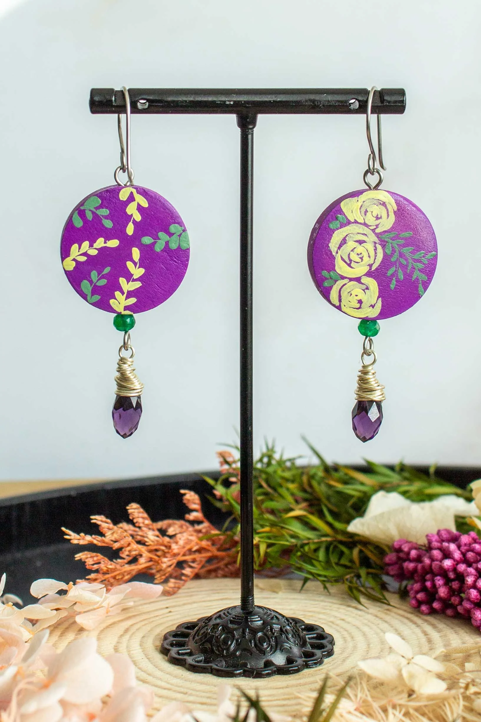 hand-painted-yellow-roses-earrings-purple-dangles-4.jpg