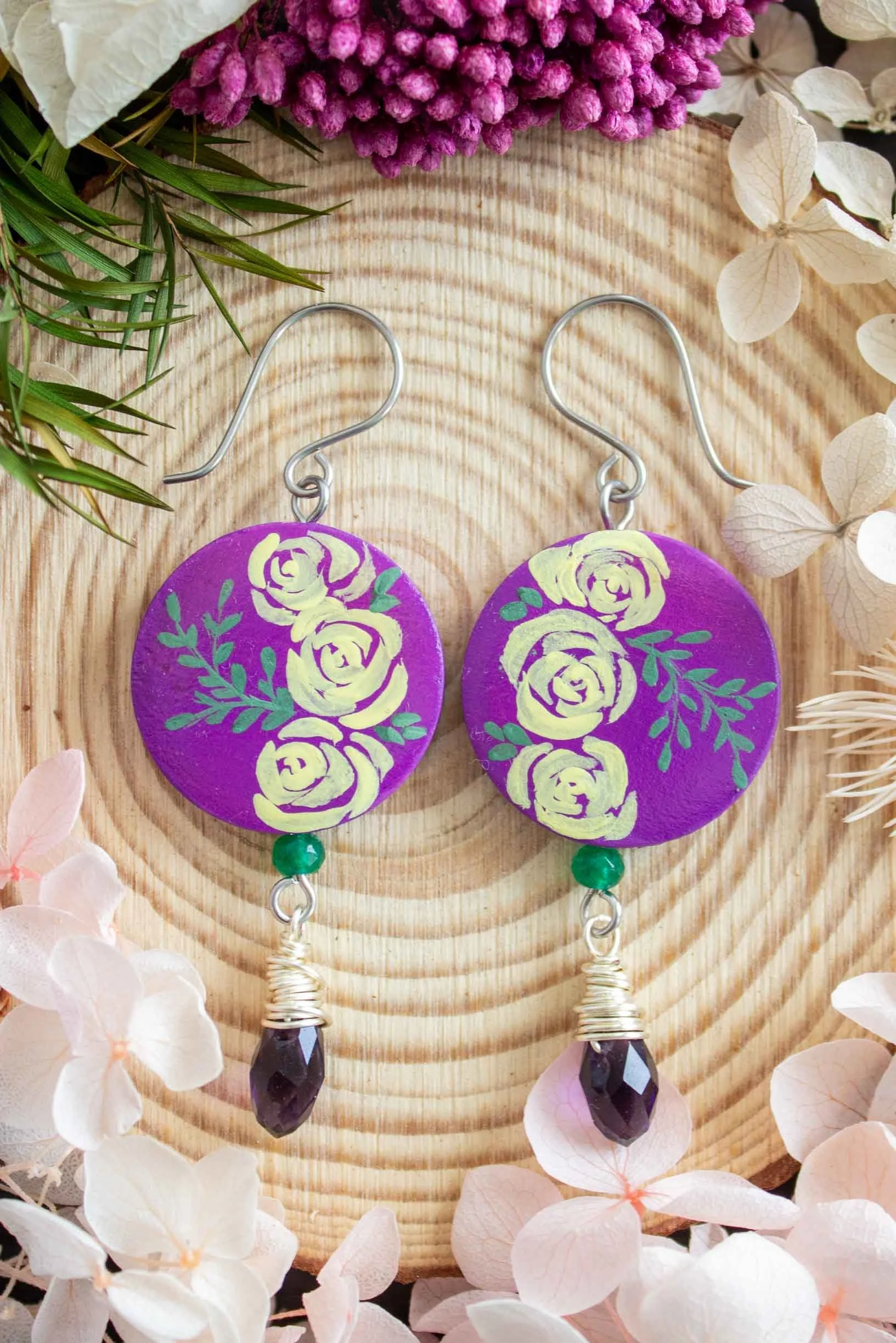 hand-painted-yellow-roses-earrings-purple-dangles-1.jpg