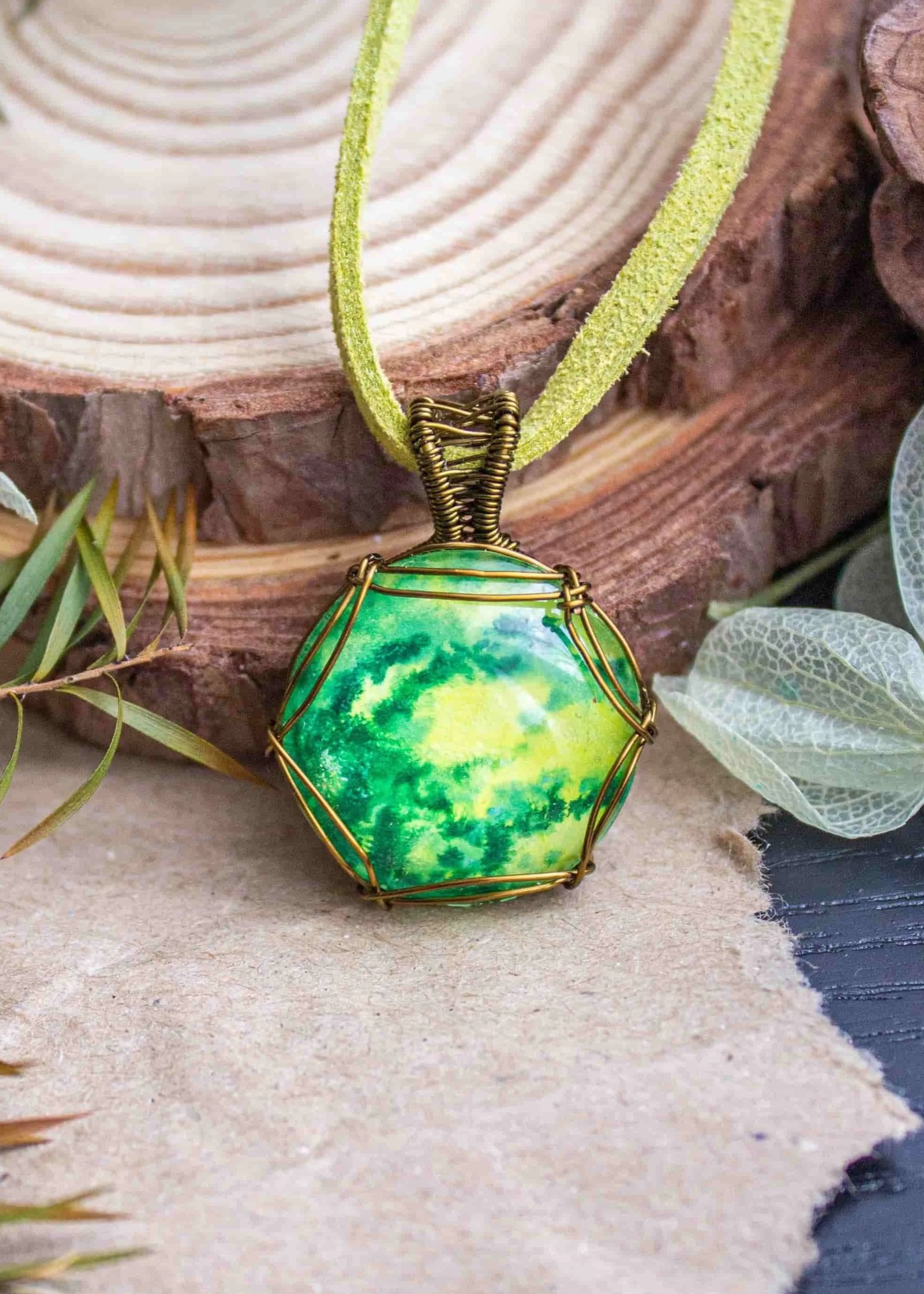Bronze Pendant with Green Watercolour Nebula