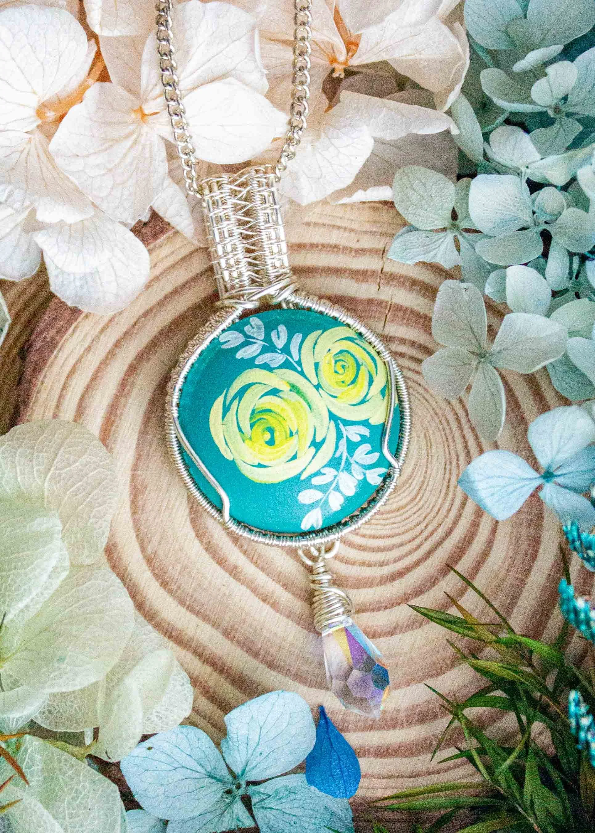 Yellow Roses Pendant with Crystal Dangle