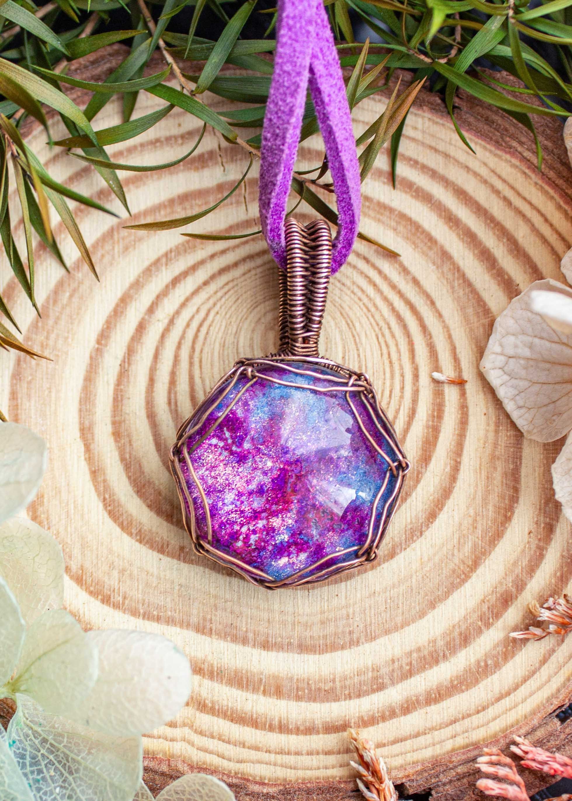 Oxidized Copper Pendant with Purple Nebula