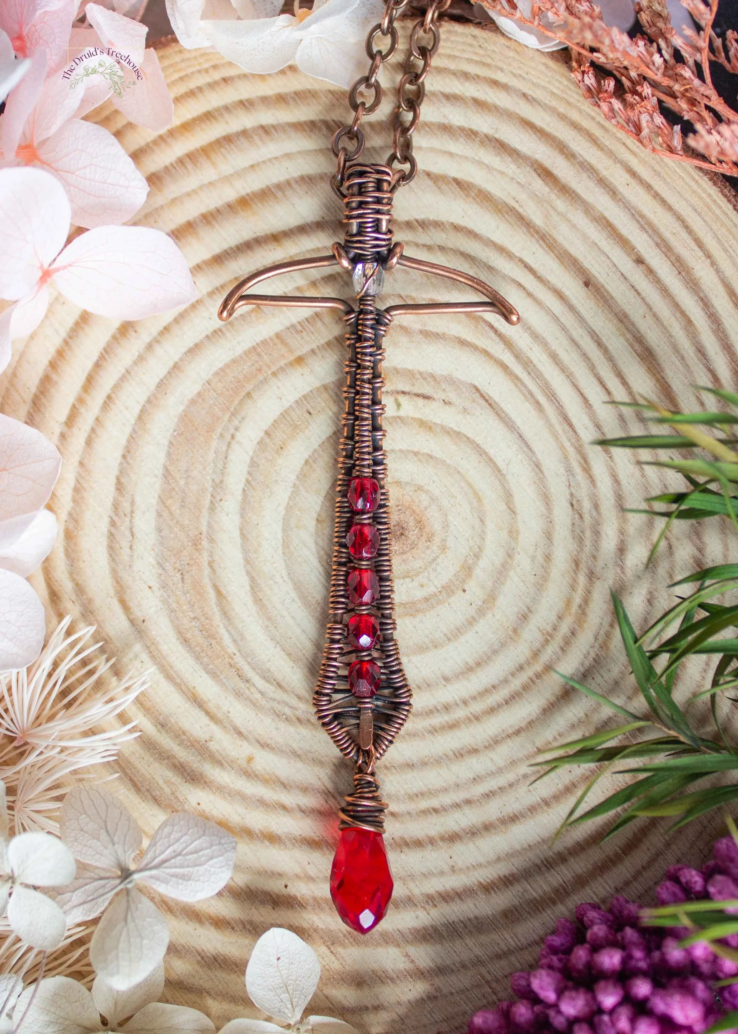 Wire Wrapped Copper Sword Pendant with Red Briolette