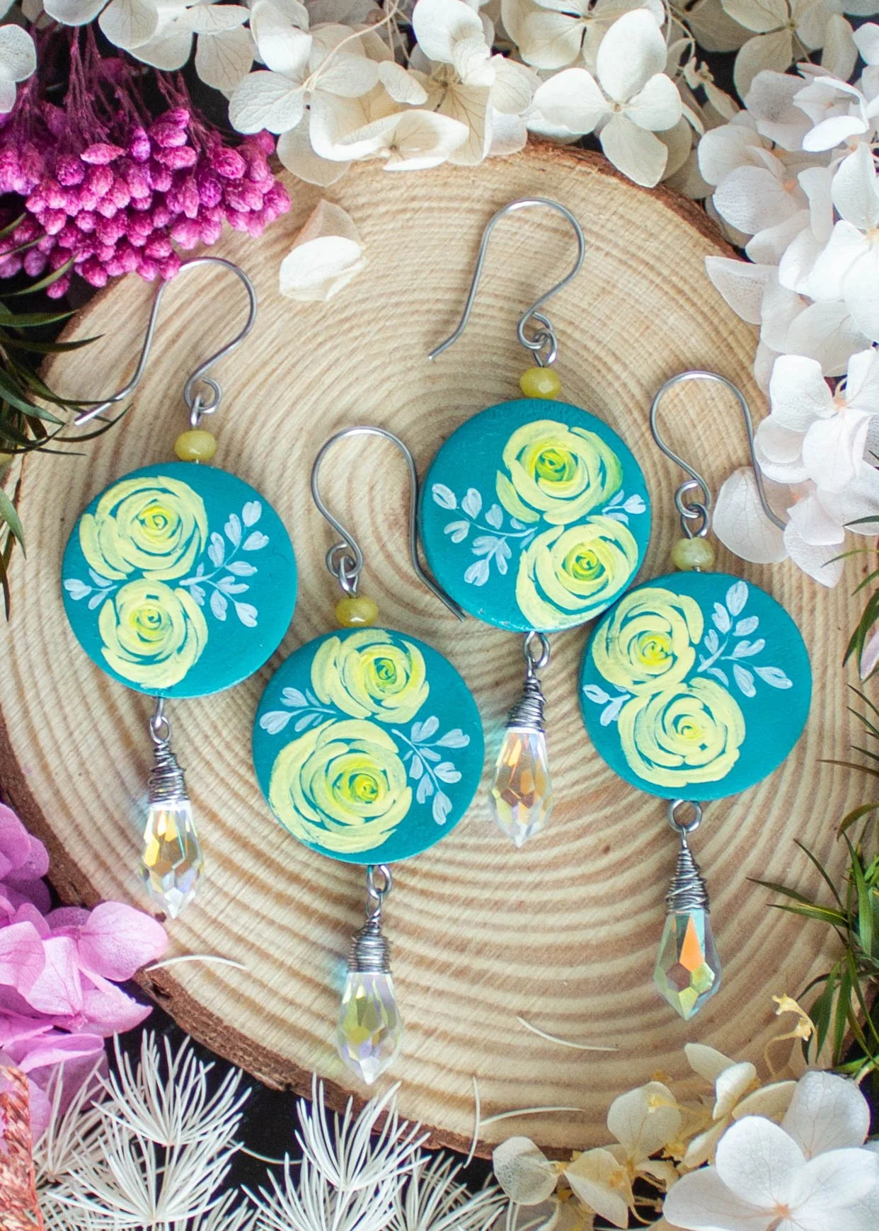 Hand Painted Yellow Roses Dangle Earrings