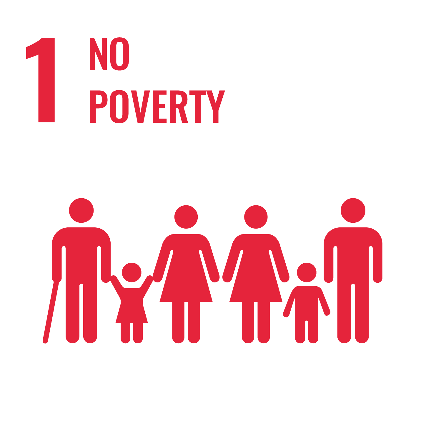 An infographic featuring red icons of diverse family members holding hands, with the text '1 No Poverty' above them. The design emphasizes ending poverty.