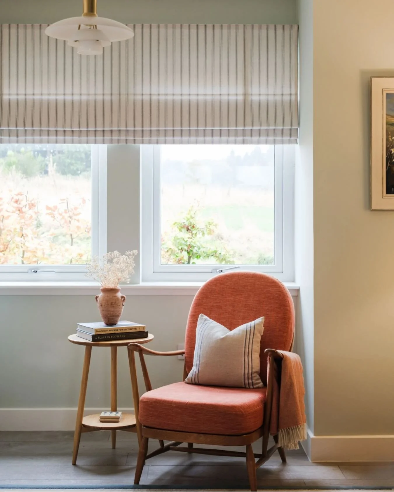 The sun is finally out and I&rsquo;m celebrating with this joyful little corner from last year&rsquo;s Forres project. The client&rsquo;s own chair and table paired beautifully with iconic Danish lighting and a touch of their coastal countryside surr