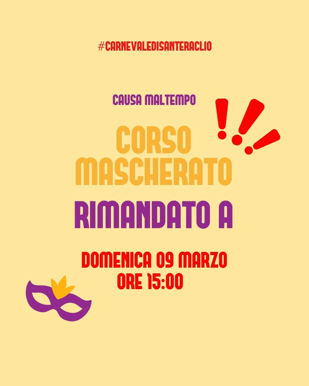 Annuncio di un corso mascherato che si terrà domenica 9 marzo alle ore 15:00, con testo in colori vivaci, decorazioni di maschere e simboli di festa.