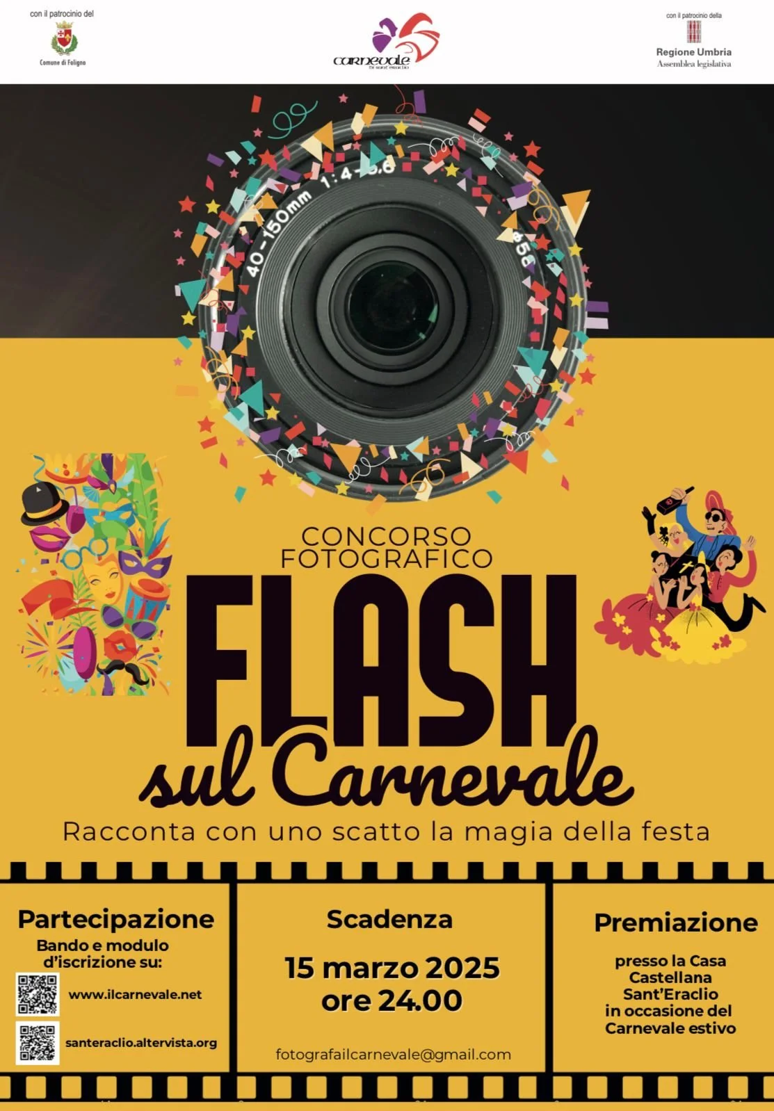 Poster pubblicitario per un concorso fotografico chiamato 'FLASH sul Carnevale', che invita a catturare con uno scatto la magia della festa del Carnevale. Include dettagli sulla partecipazione, scadenza (15 marzo 2025, ore 24.00) e premi presso la Casa Castellana di Sant'Eralcio. Il poster presenta un'illustrazione di una macchina fotografica circondata da confetti colorati e due disegni di maschere e festaioli, con loghi di patrocinio del Comune di Feligno e della Regione Umbria.