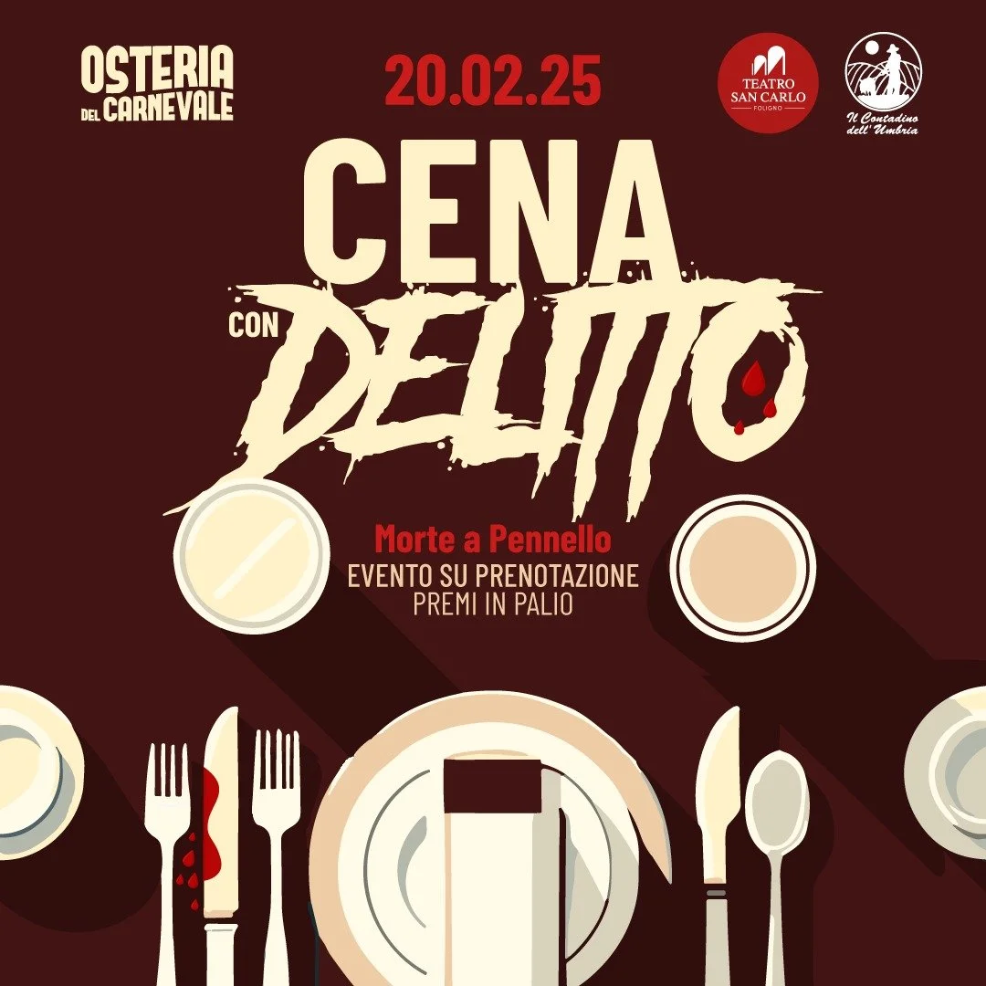 Locandina di un evento di una cena con delitto chiamata 'Morte a Pennello', con data 20.02.25, organizzato dal Osteria del Carnevale. Indica che l'evento è su prenotazione con premi in palio, e mostra una tavola apparecchiata con posate e piatti.