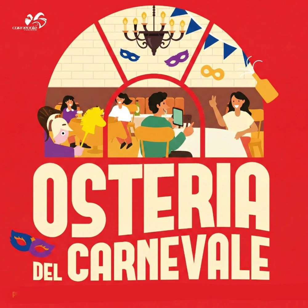 Locandina promozionale con dettagli sull'evento Carnevale a Osteria del Carnevale, che si terrà dal 13 febbraio al 4 marzo, presso Taverna del Rione Badia, con immagini di persone che festeggiano, maschere e decorazioni di Carnevale.