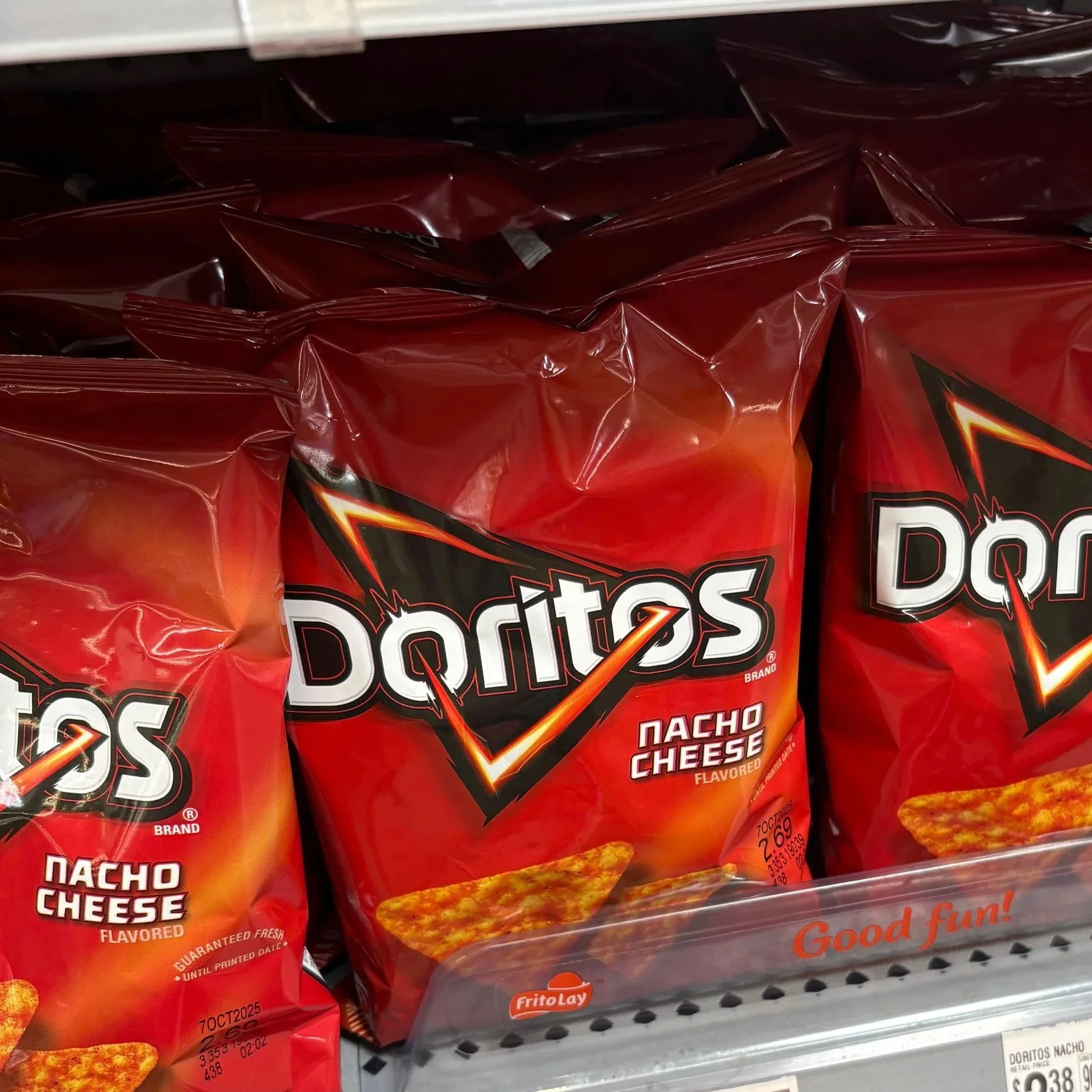 A bag of nacho cheese Doritos