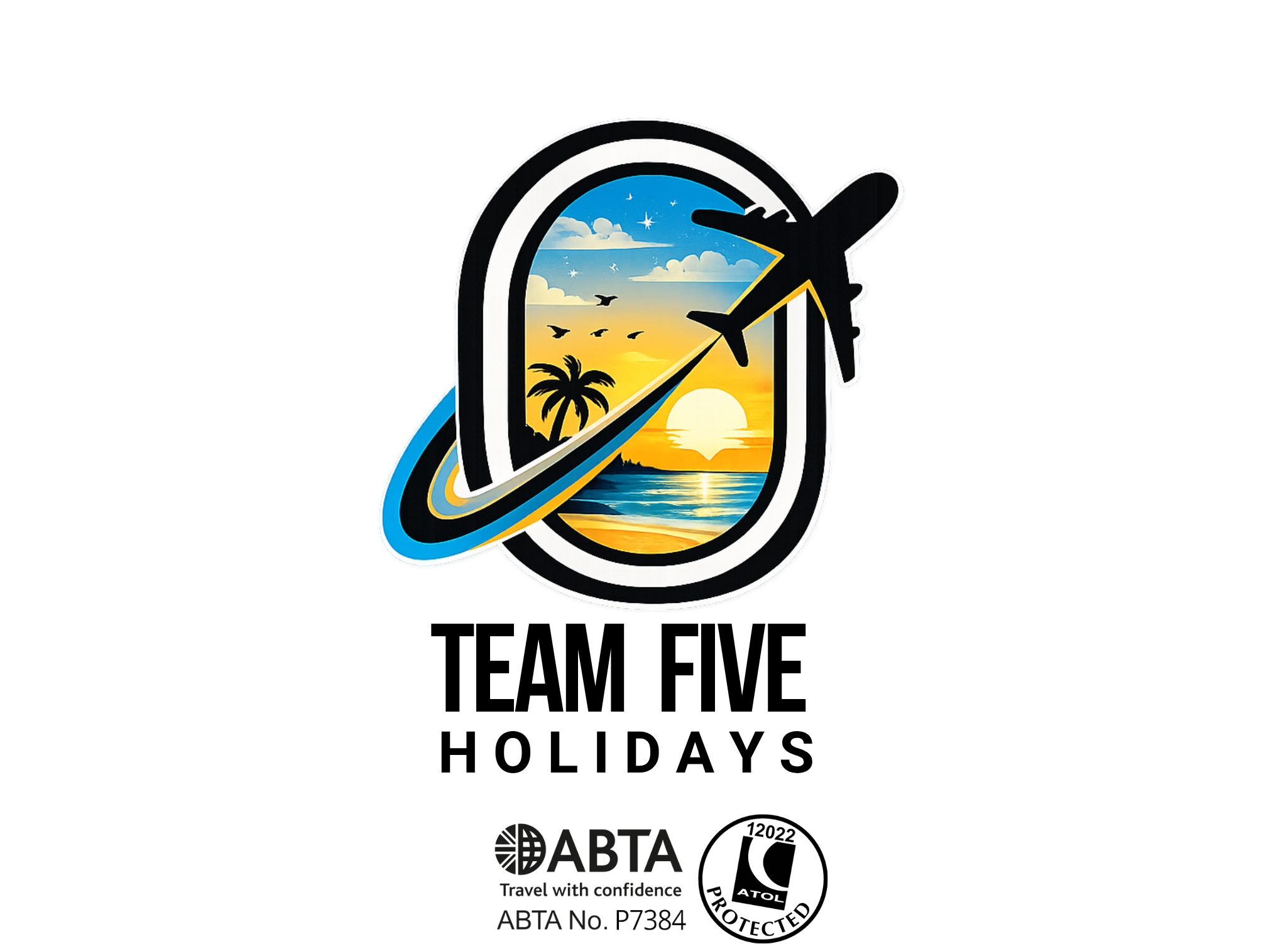 Team Five Holidays - our logo featuring an airplane flying over a tropical sunset with palm trees, clouds, and birds, enclosed in a circular design with black, white, and blue outlines, and the text "ABTA" and "Travel with confidence" below.