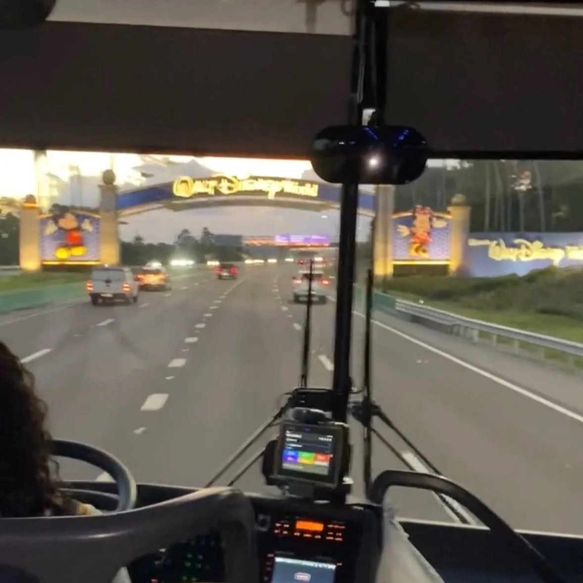 Image looking out of the front window of the coach on a ride from Melbourne Airport, Florida, two Walt Disney World.