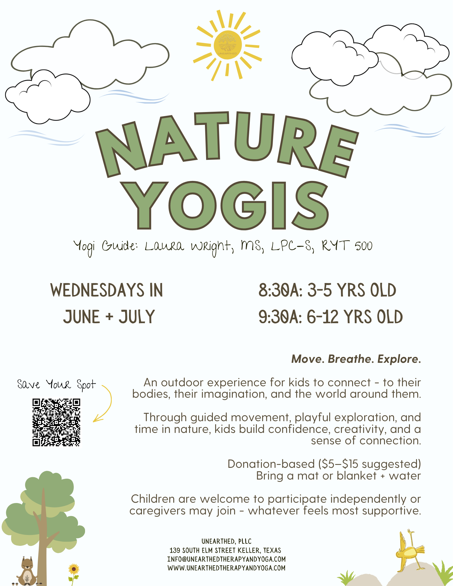 Nature Yogis Summer Series for kids 3-12 in Keller Texas