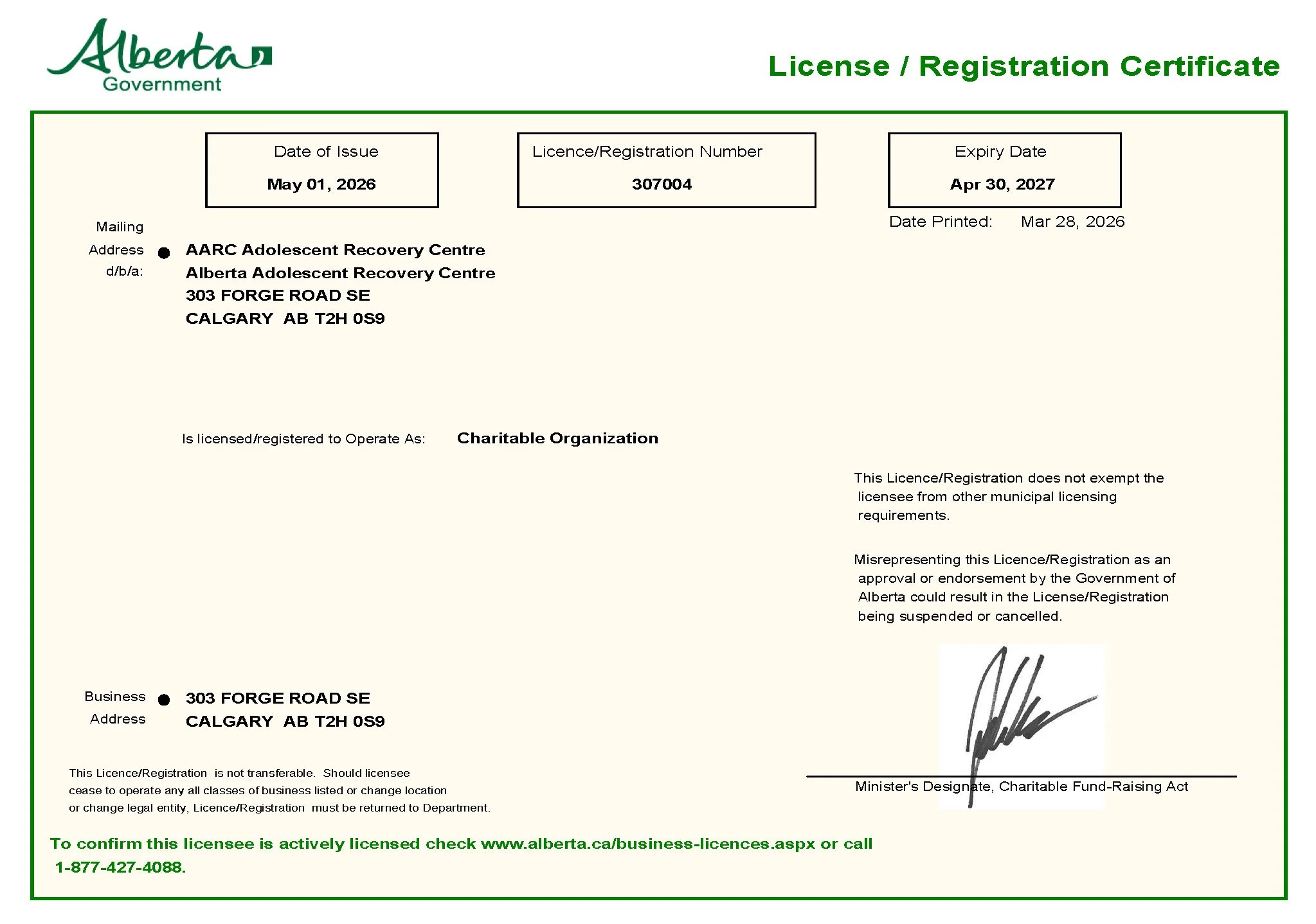 Alberta Adolescent Recovery Centre Business License