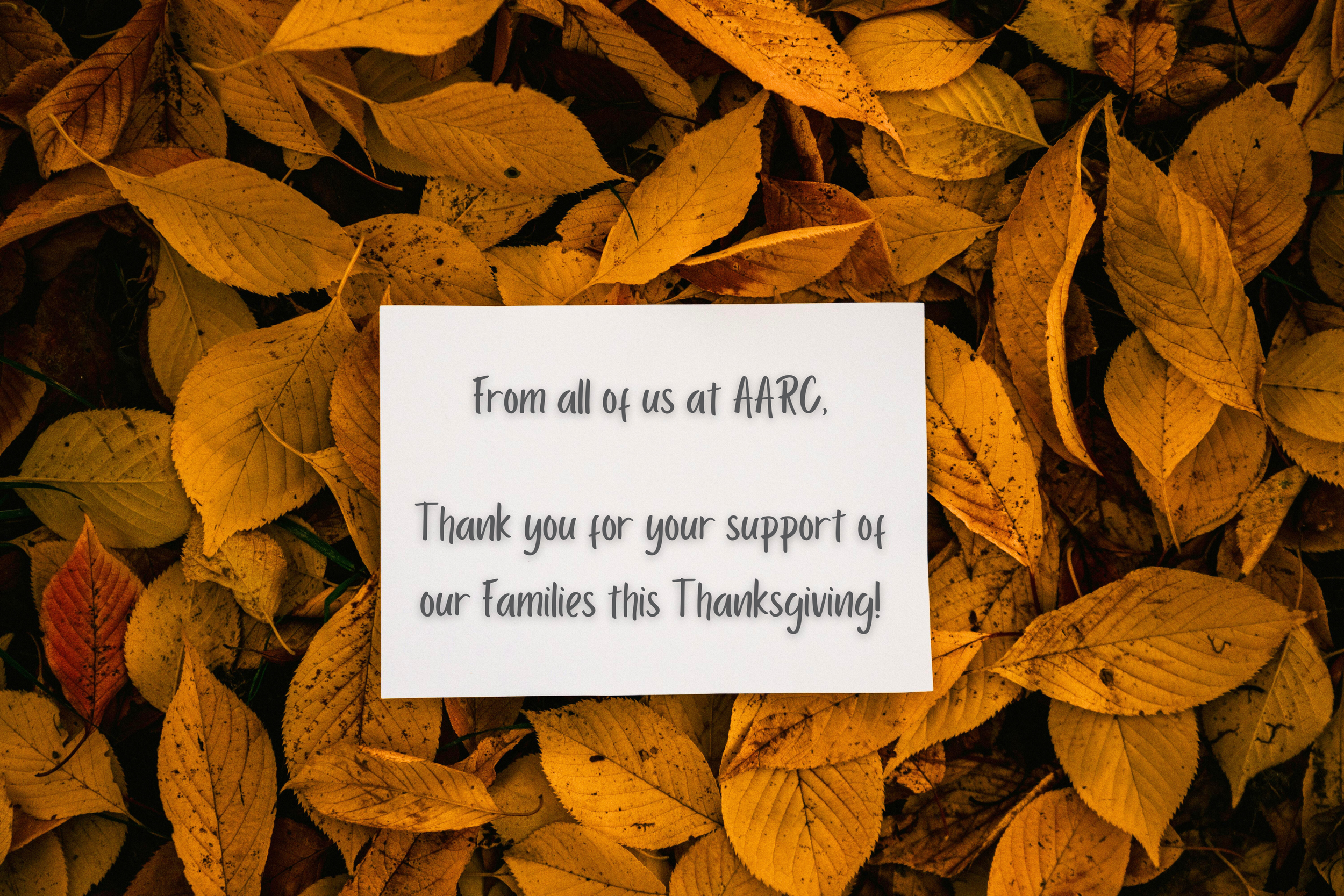 A thank you message from AARC, for your support of our families this Thanksgiving