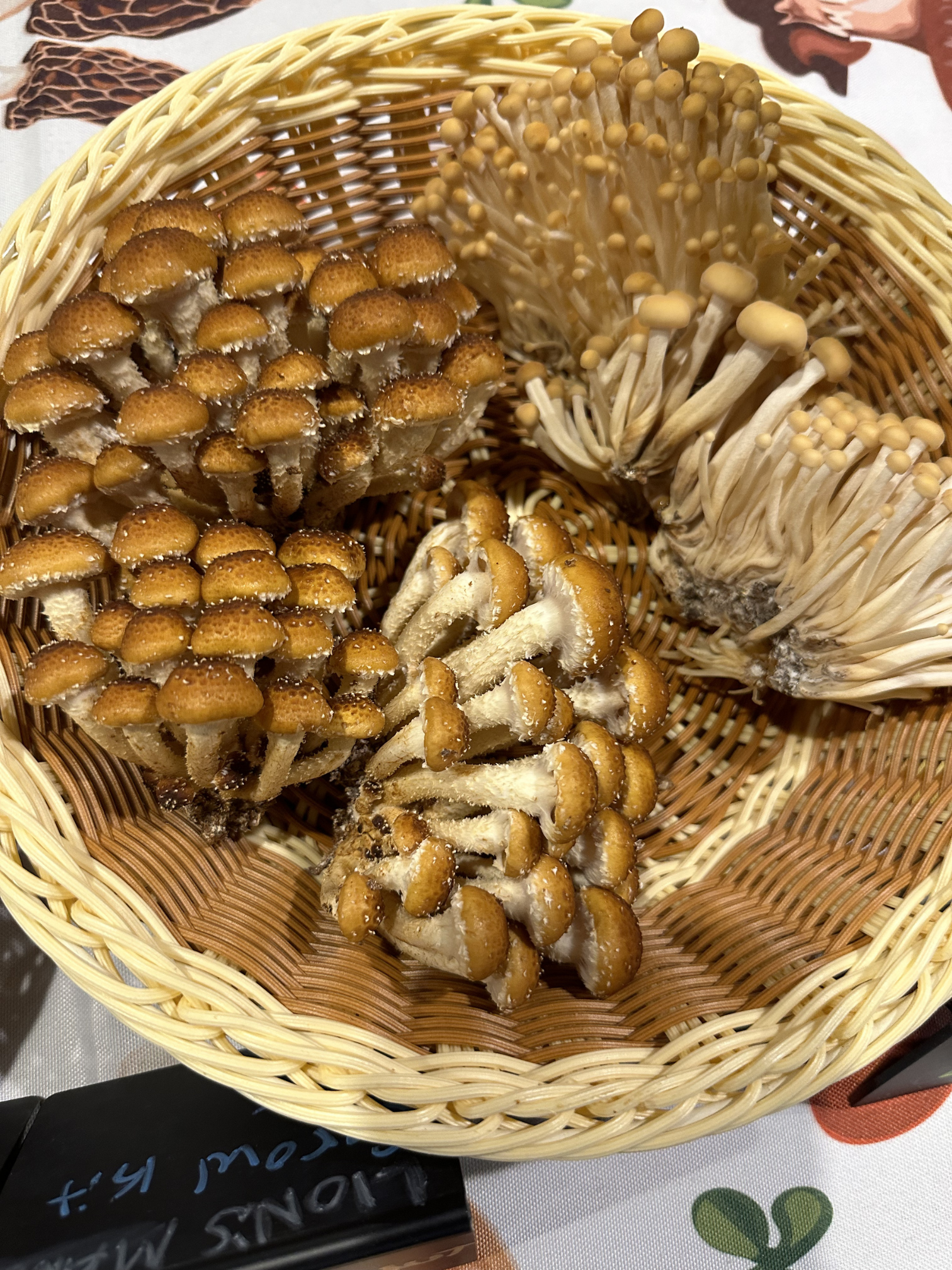 A basket of fresh mushrooms, including clusters of enoki and shimeji mushrooms, on a table with a decorative tablecloth.