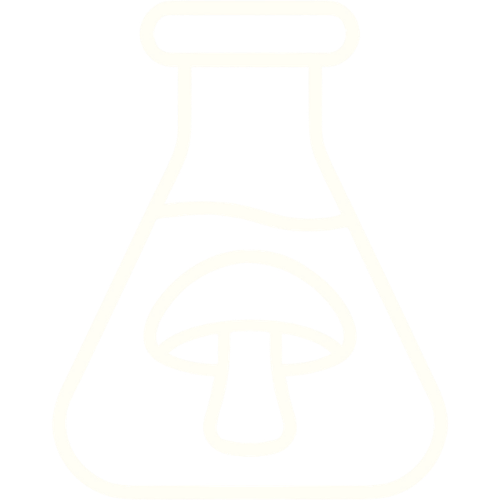 Outline of a laboratory flask with a mushroom inside.
